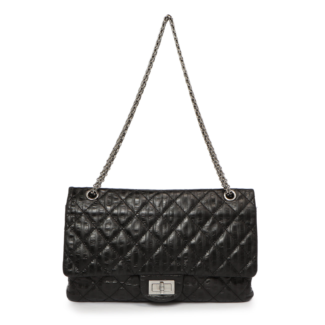 Exclusive Chanel Black Metallic Striped 2.55 Reissue Double Flap 227 — Front View