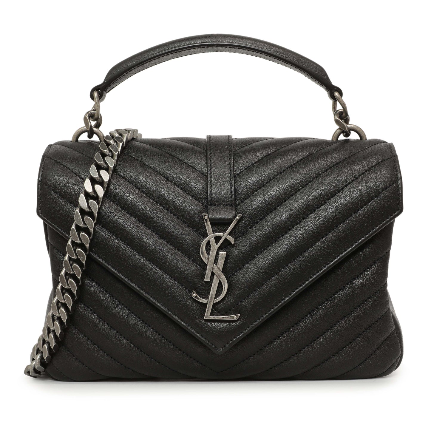 Exclusive Saint Laurent Black Matelasse Chevron Sheepskin Medium College Bag — Front View