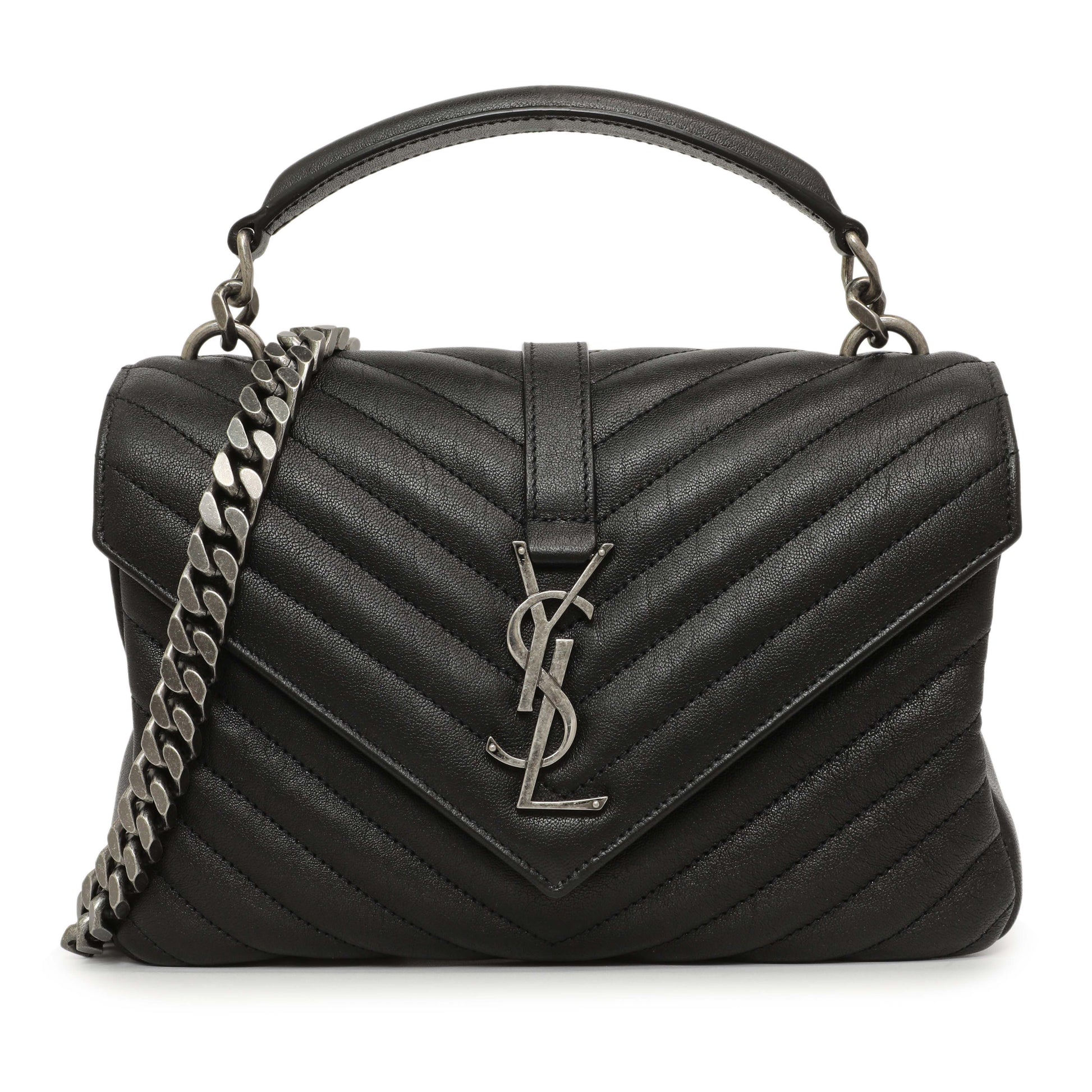 Exclusive Saint Laurent Black Matelasse Chevron Sheepskin Medium College Bag — Front View