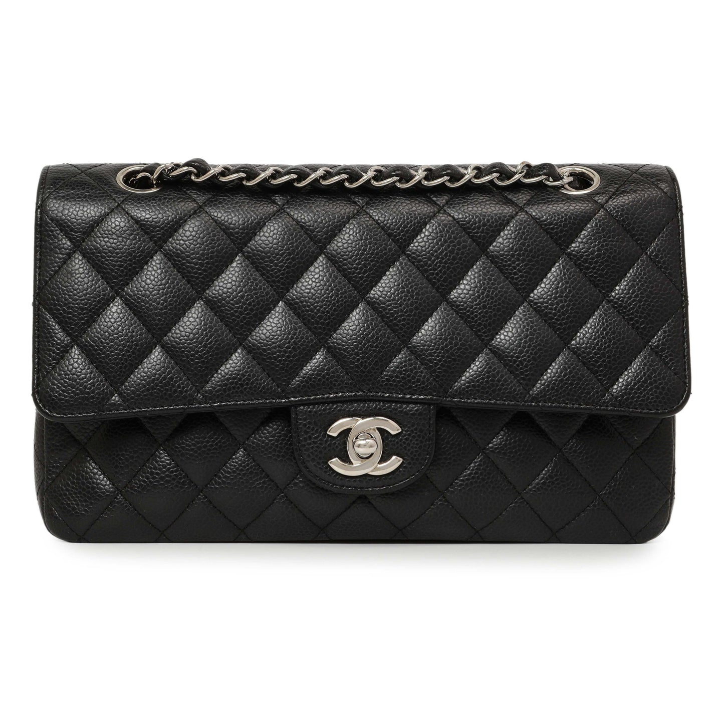 Exclusive Chanel Black Quilted Caviar Medium Classic Double Flap — Front View
