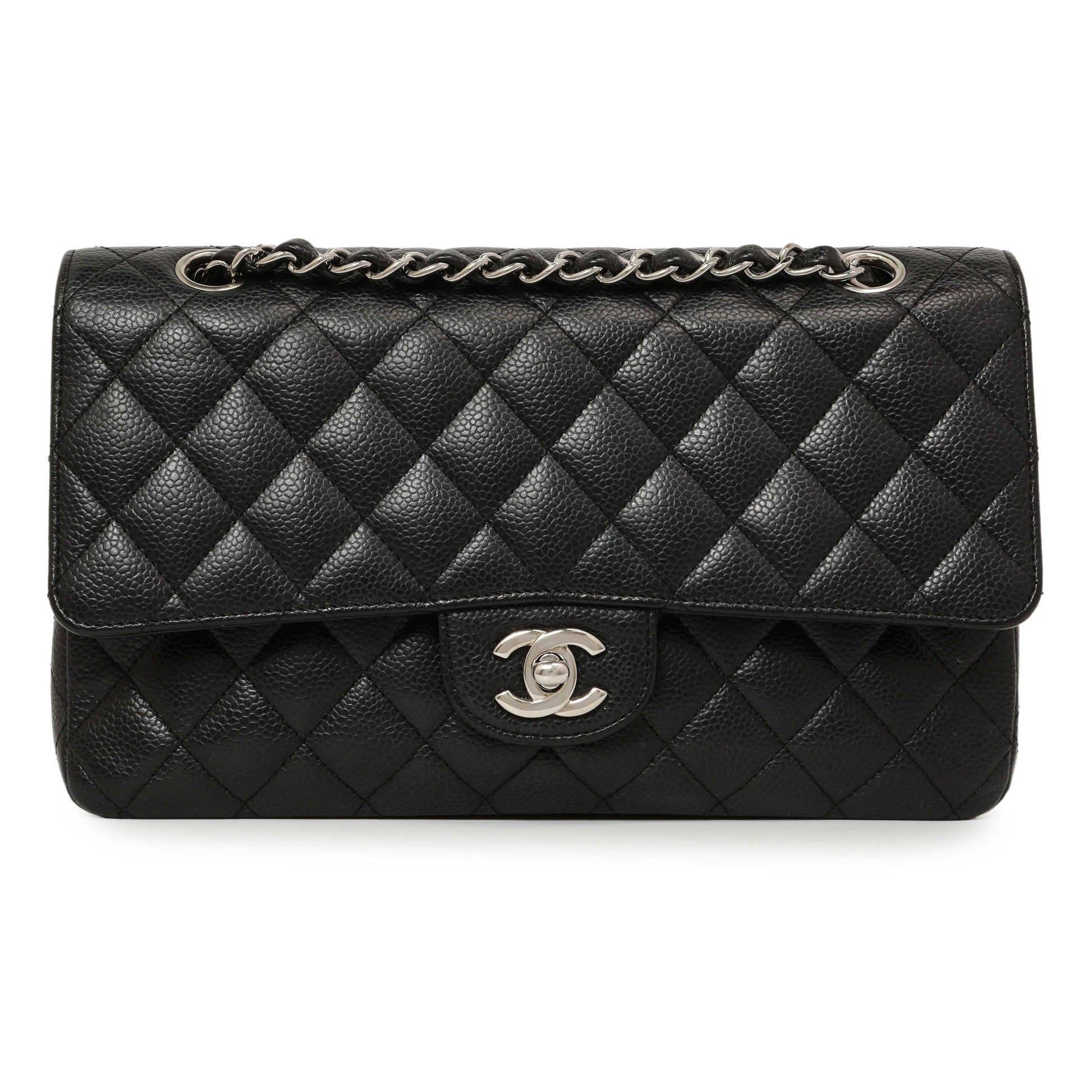 Exclusive Chanel Black Quilted Caviar Medium Classic Double Flap — Front View