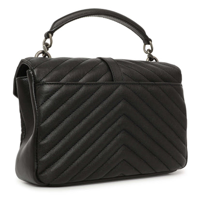 Exclusive Saint Laurent Black Matelasse Chevron Sheepskin Medium College Bag — Side View
