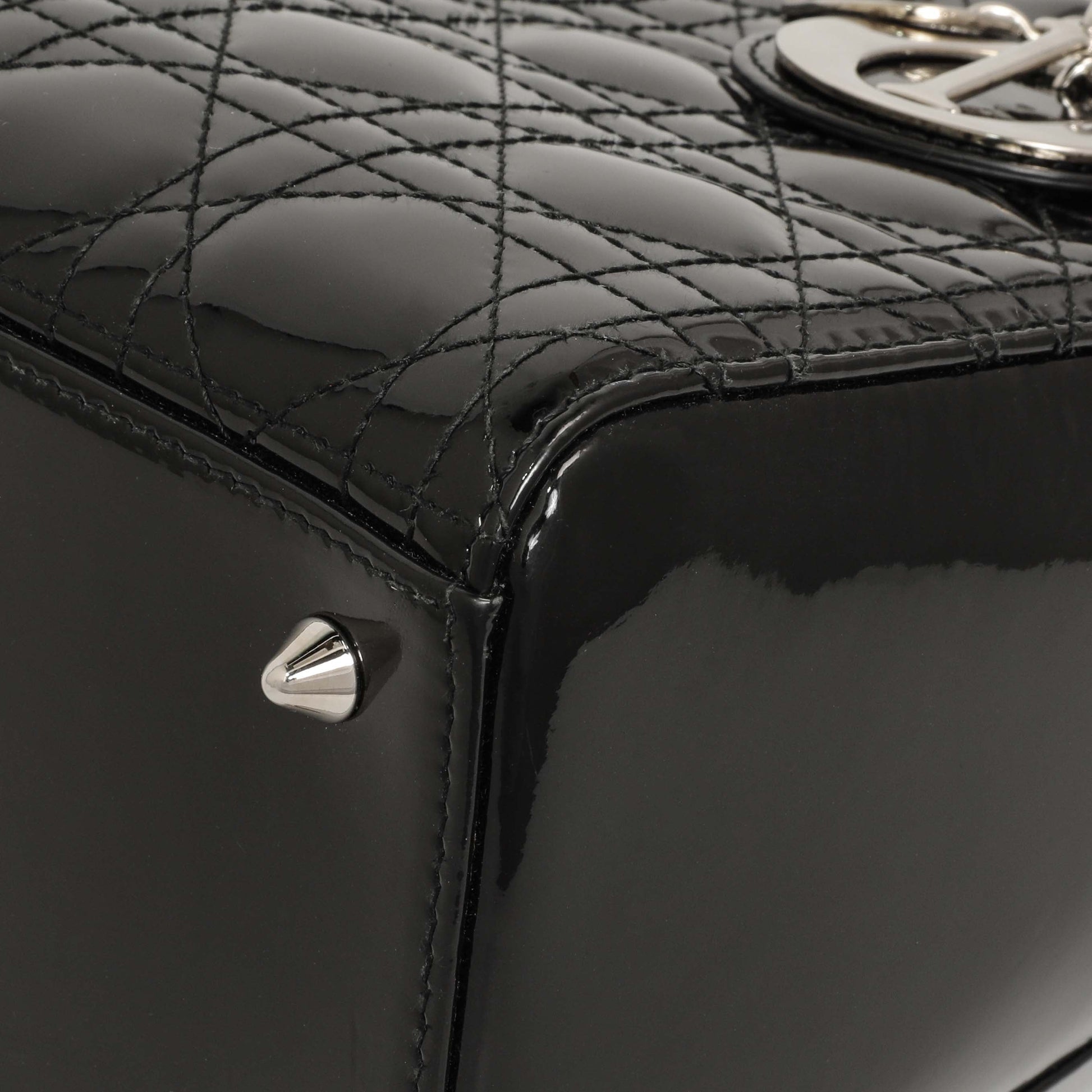 Exclusive Christian Dior Black Patent Cannage Medium Lady Dior — Detail View