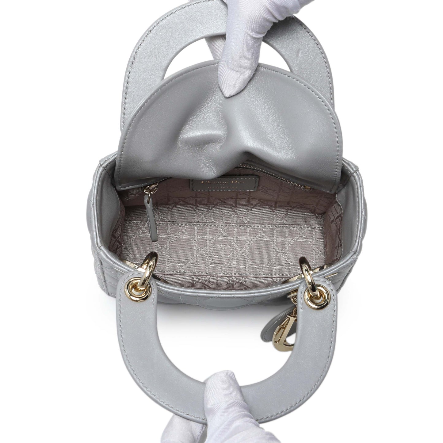 Exclusive Christian Dior Grey Metallic Lambskin Cannage Mini Lady Dior — Top View