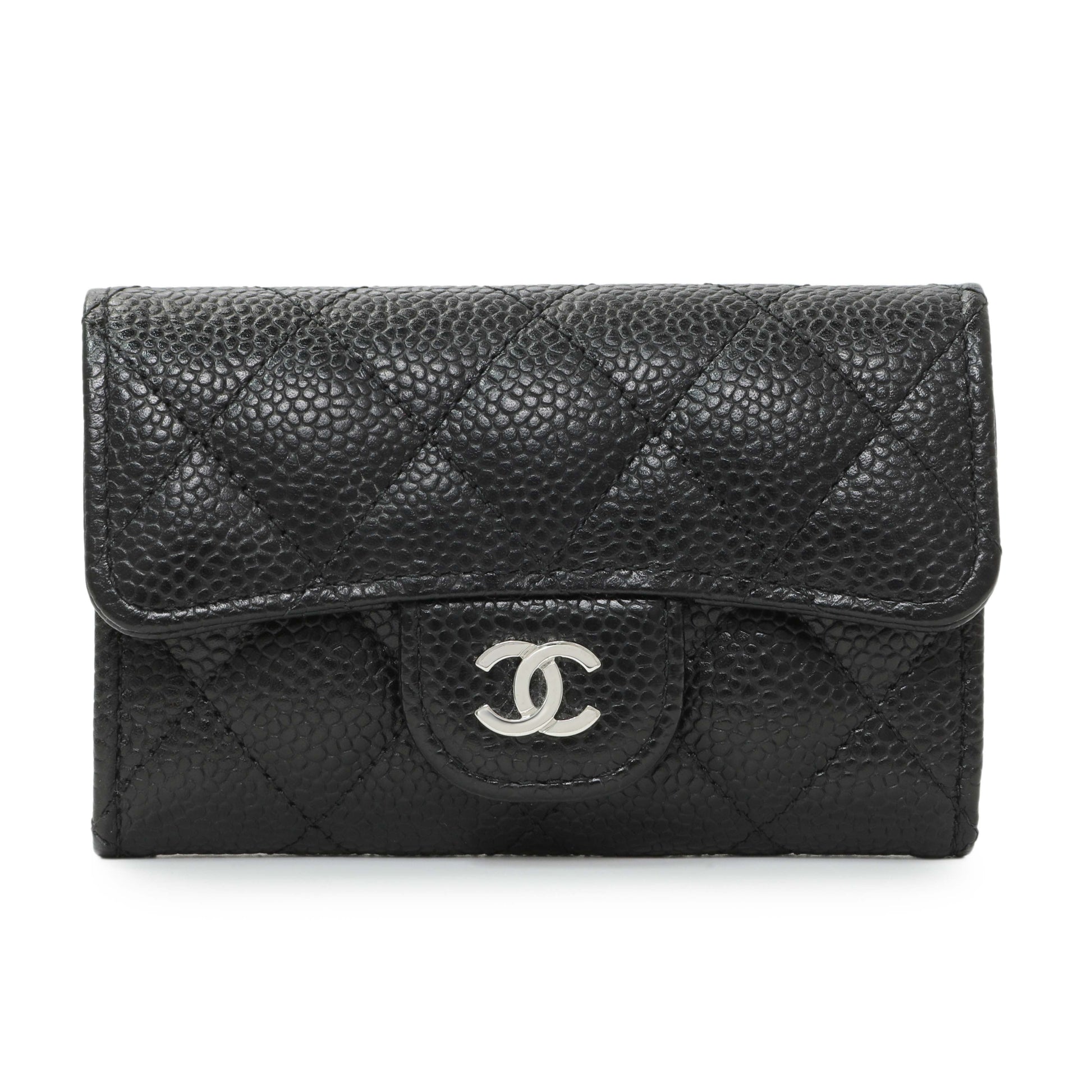 Exclusive Chanel Black Quilted Caviar Flap Card Holder — Front View