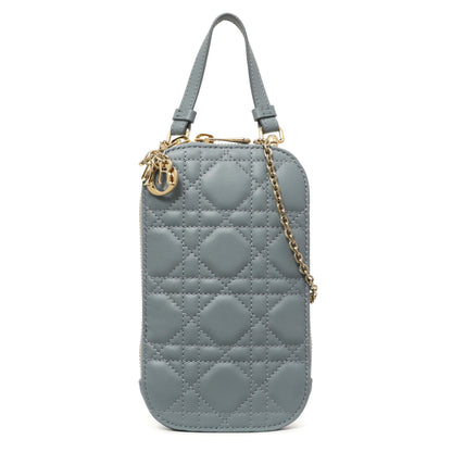 Exclusive Christian Dior Cloud Blue Lambskin Cannage Lady Dior Phone Holder — Front View