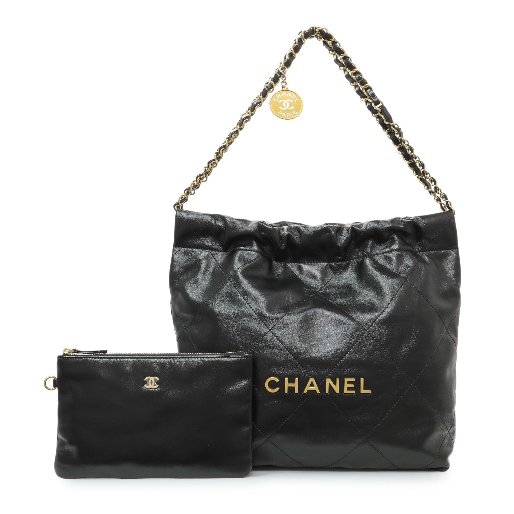 Exclusive Chanel Black Quilted Shiny Calfskin Small Chanel 22 — Front View