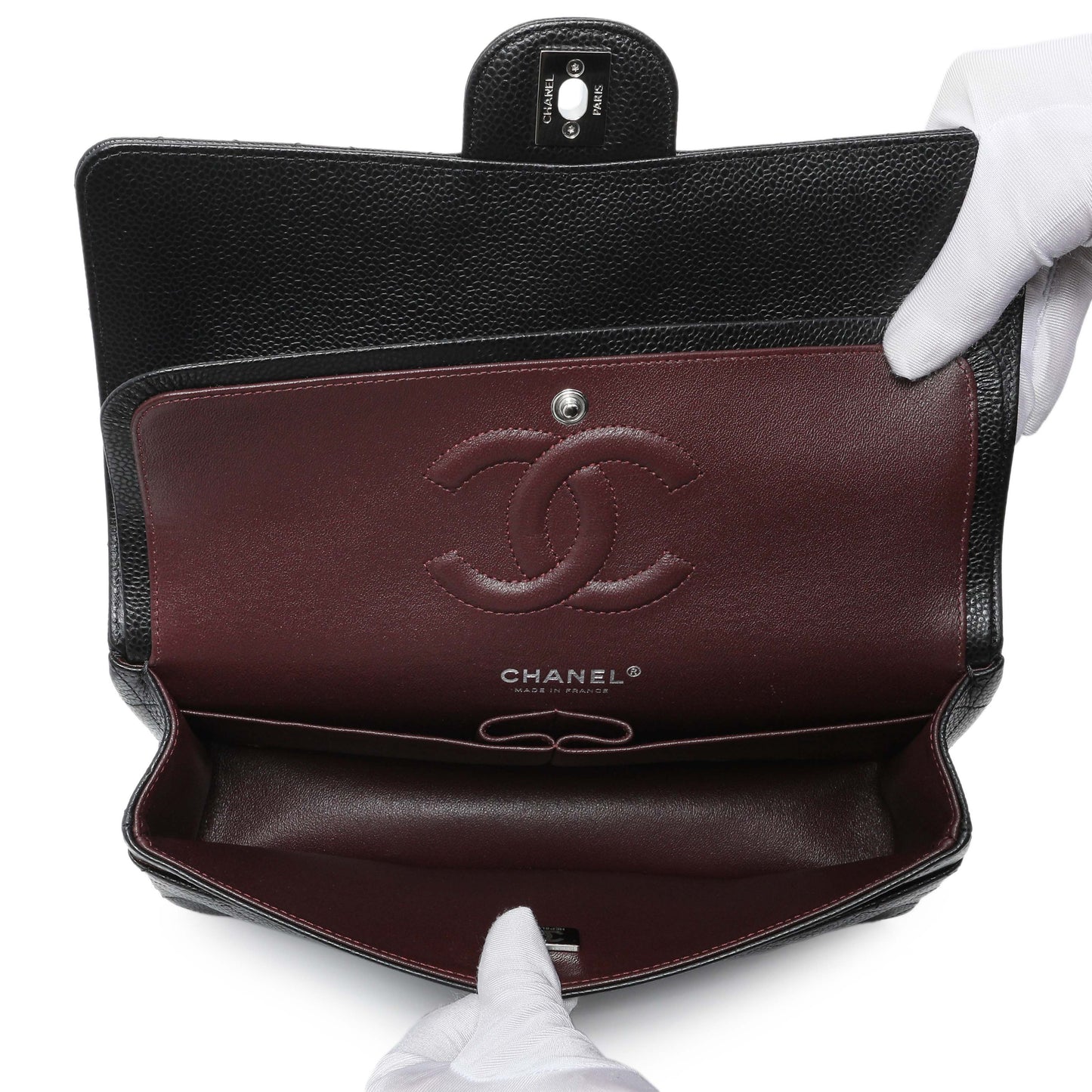 Exclusive Chanel Black Quilted Caviar Medium Double Flap — Top View