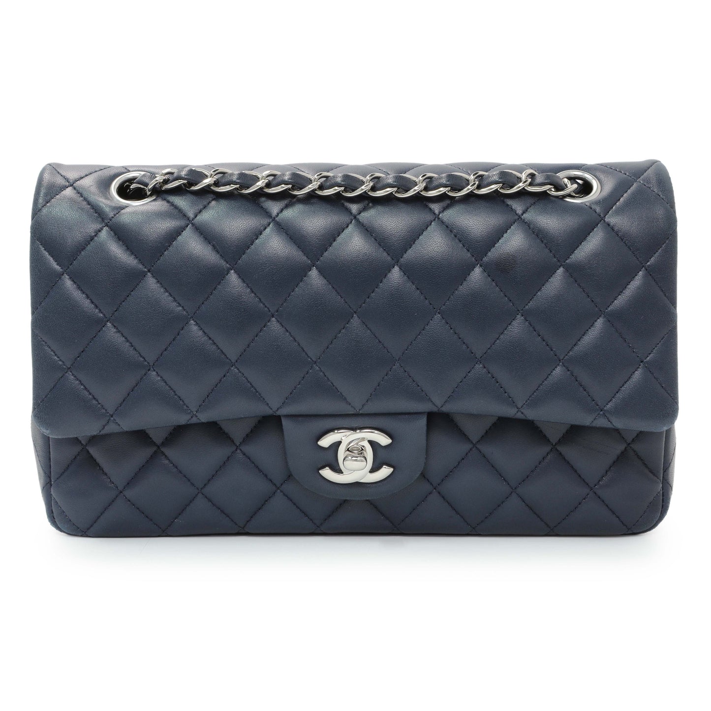 Exclusive Chanel Blue Quilted Lambskin Medium Classic Double Flap — Front View