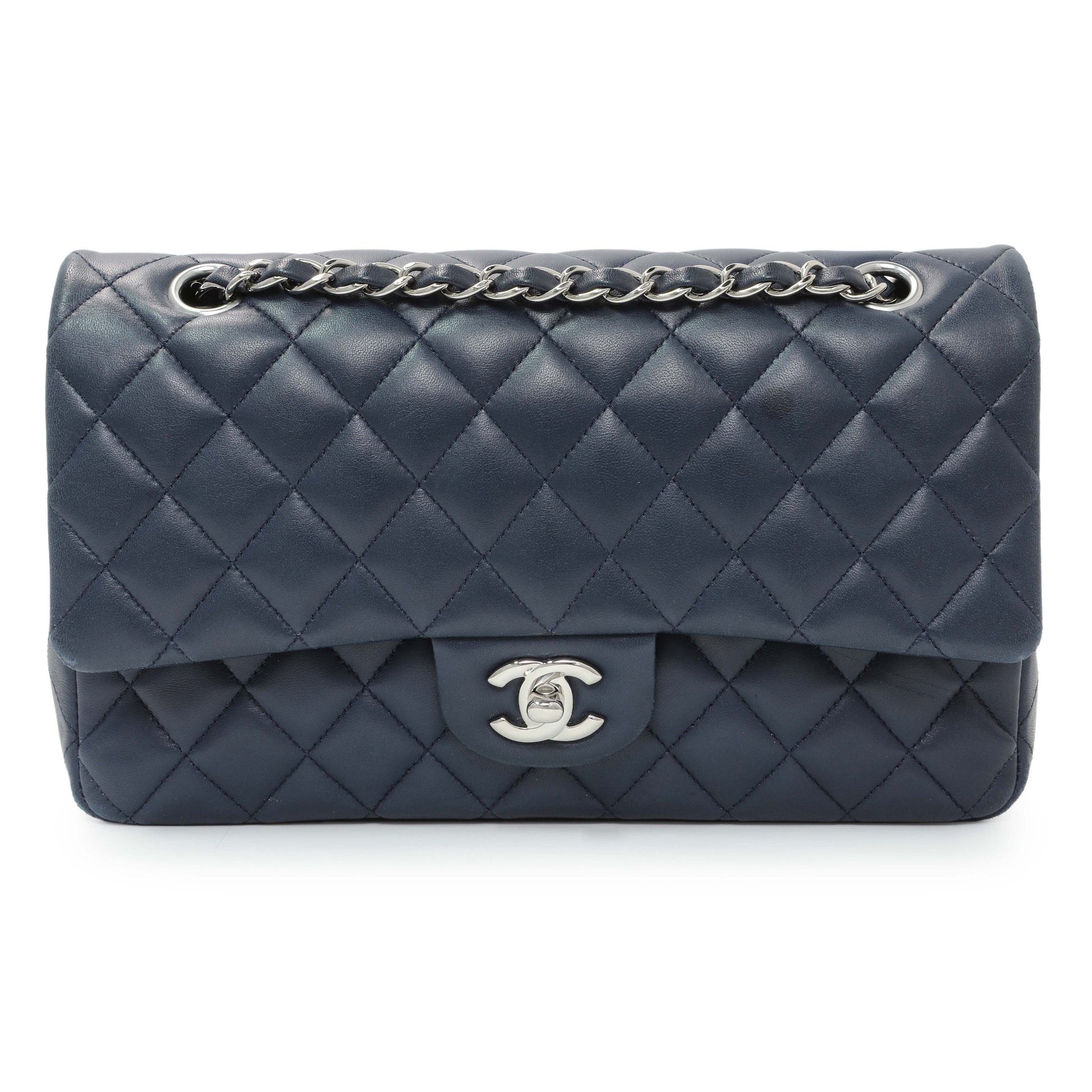 Exclusive Chanel Blue Quilted Lambskin Medium Classic Double Flap — Front View