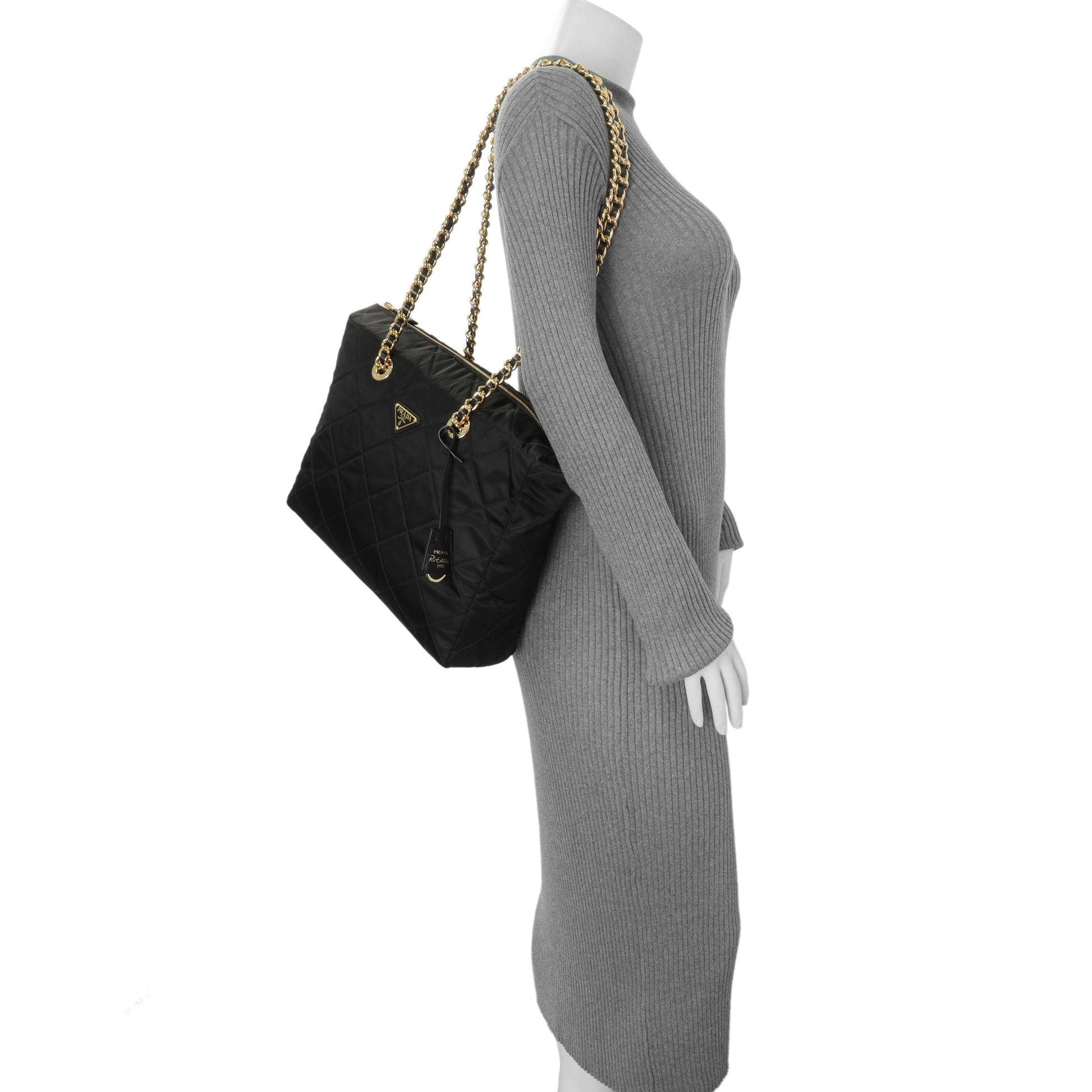 Exclusive Prada Black Re-Nylon Triangle Stitched Re-Edition 1995 Chaine Large Shoulder Bag — Lifestyle View