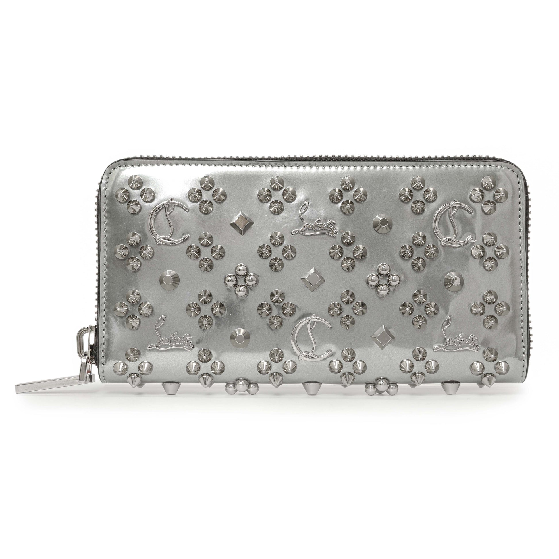 Exclusive Christian Louboutin Silver Patent Leather Panettone Spiked Zip Around Wallet — Front View