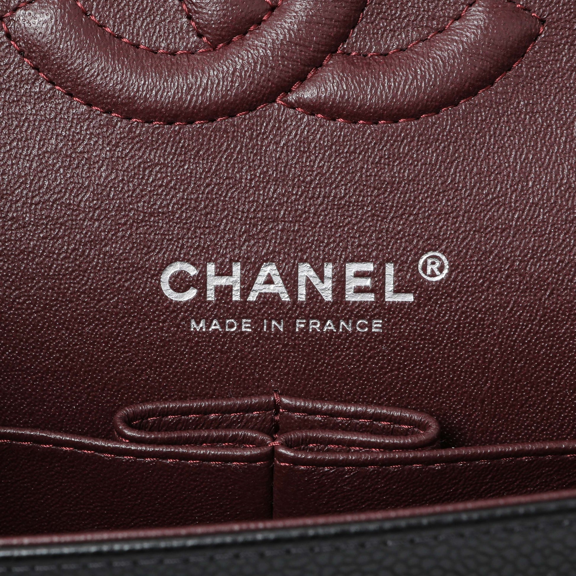 Exclusive Chanel Black Quilted Caviar Medium Double Flap — Detail View