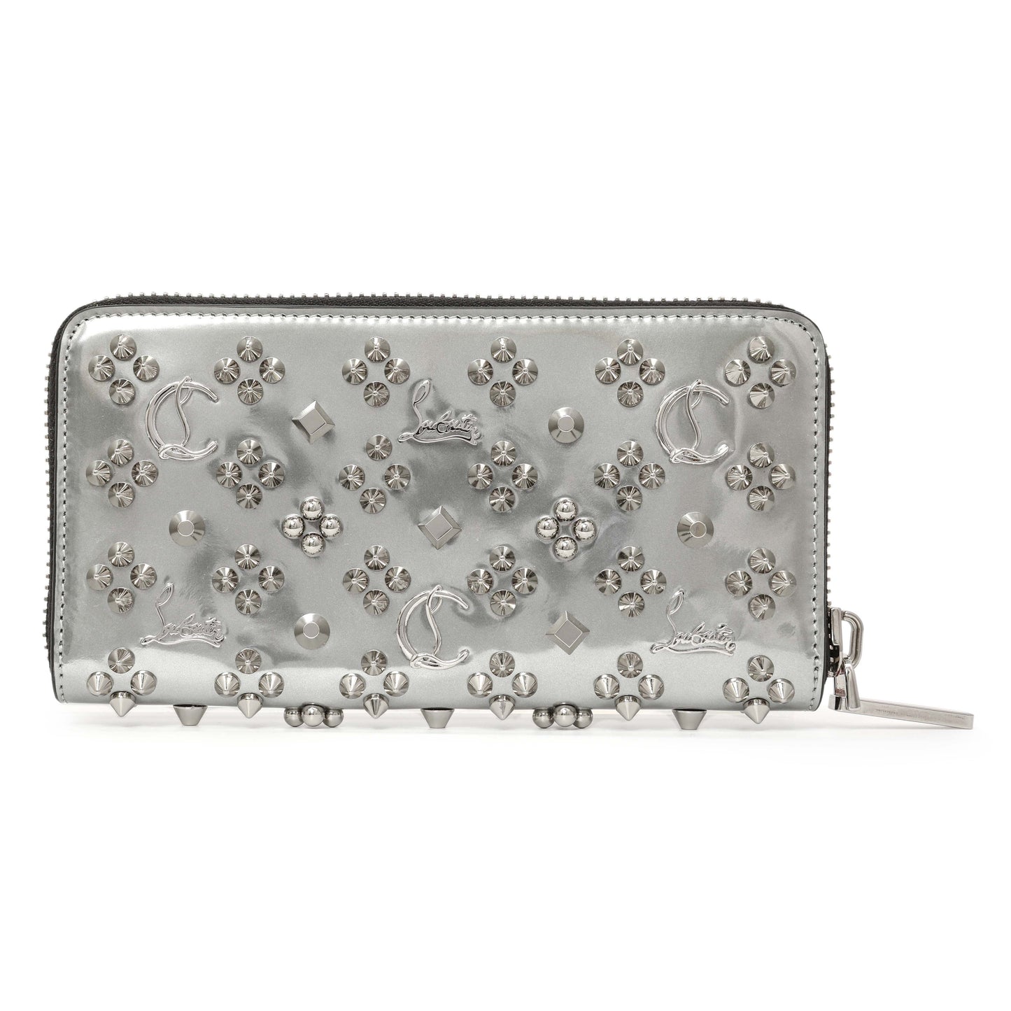 Exclusive Christian Louboutin Silver Patent Leather Panettone Spiked Zip Around Wallet — Side View