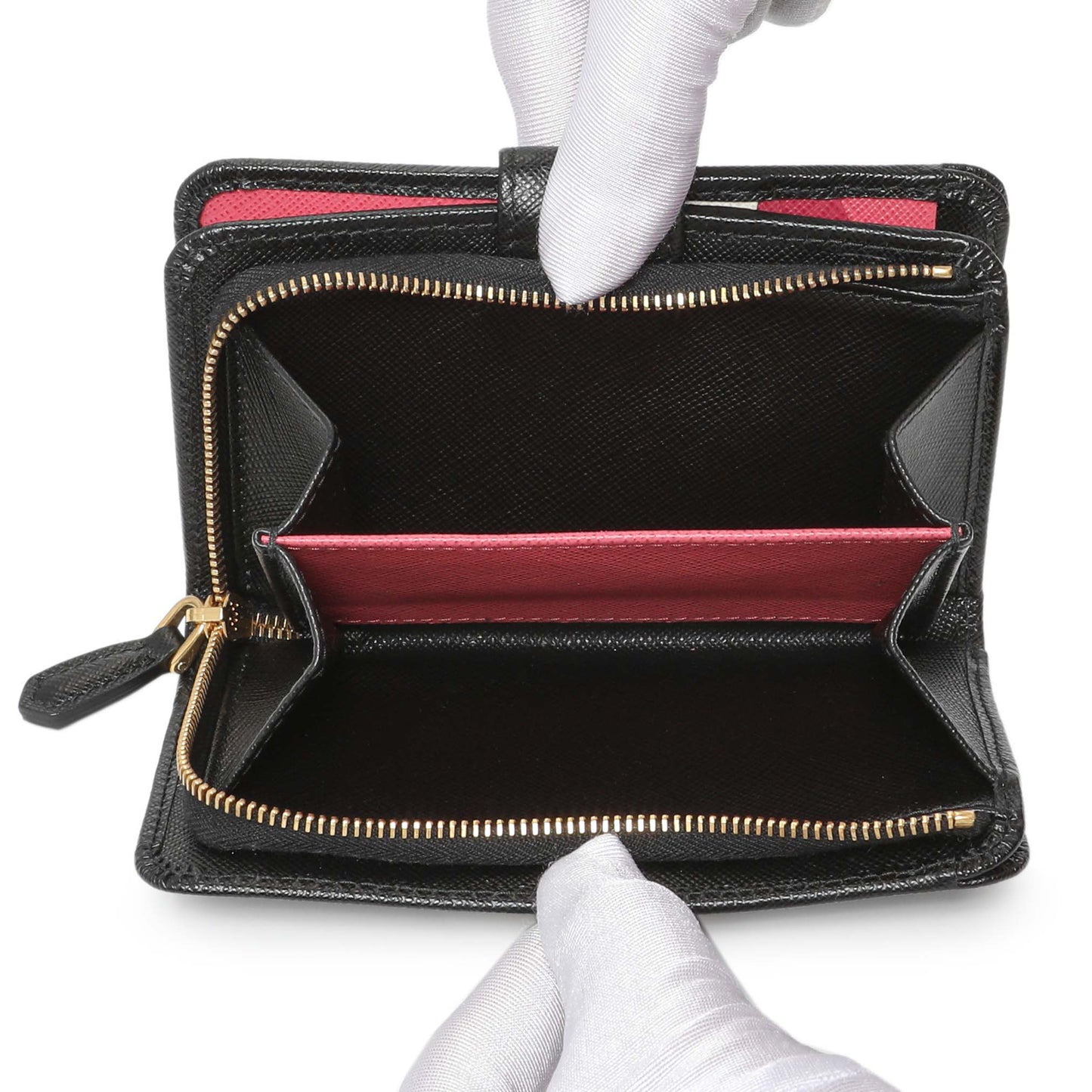 Exclusive Prada Black Saffiano Compact Wallet — Detail View