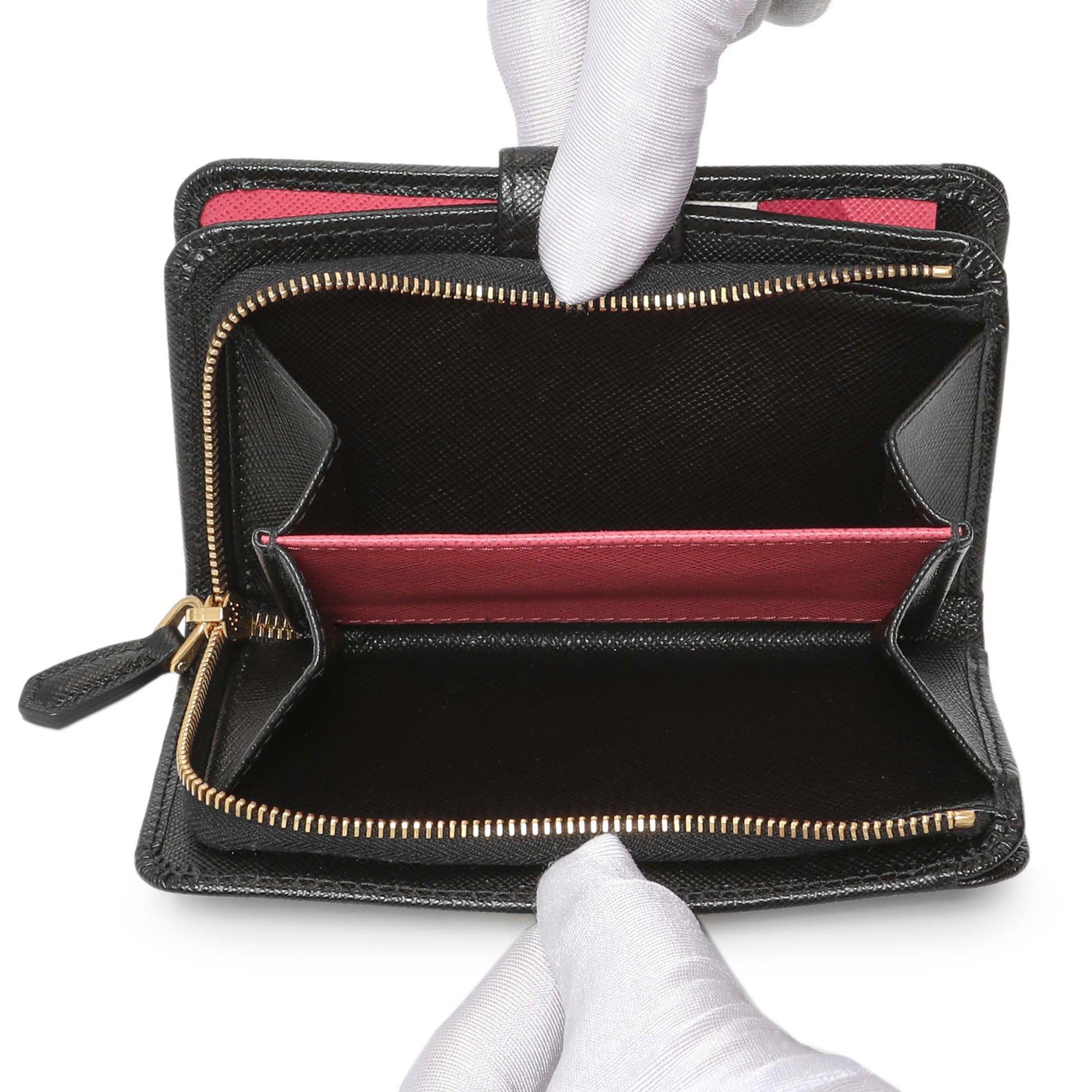 Exclusive Prada Black Saffiano Compact Wallet — Detail View