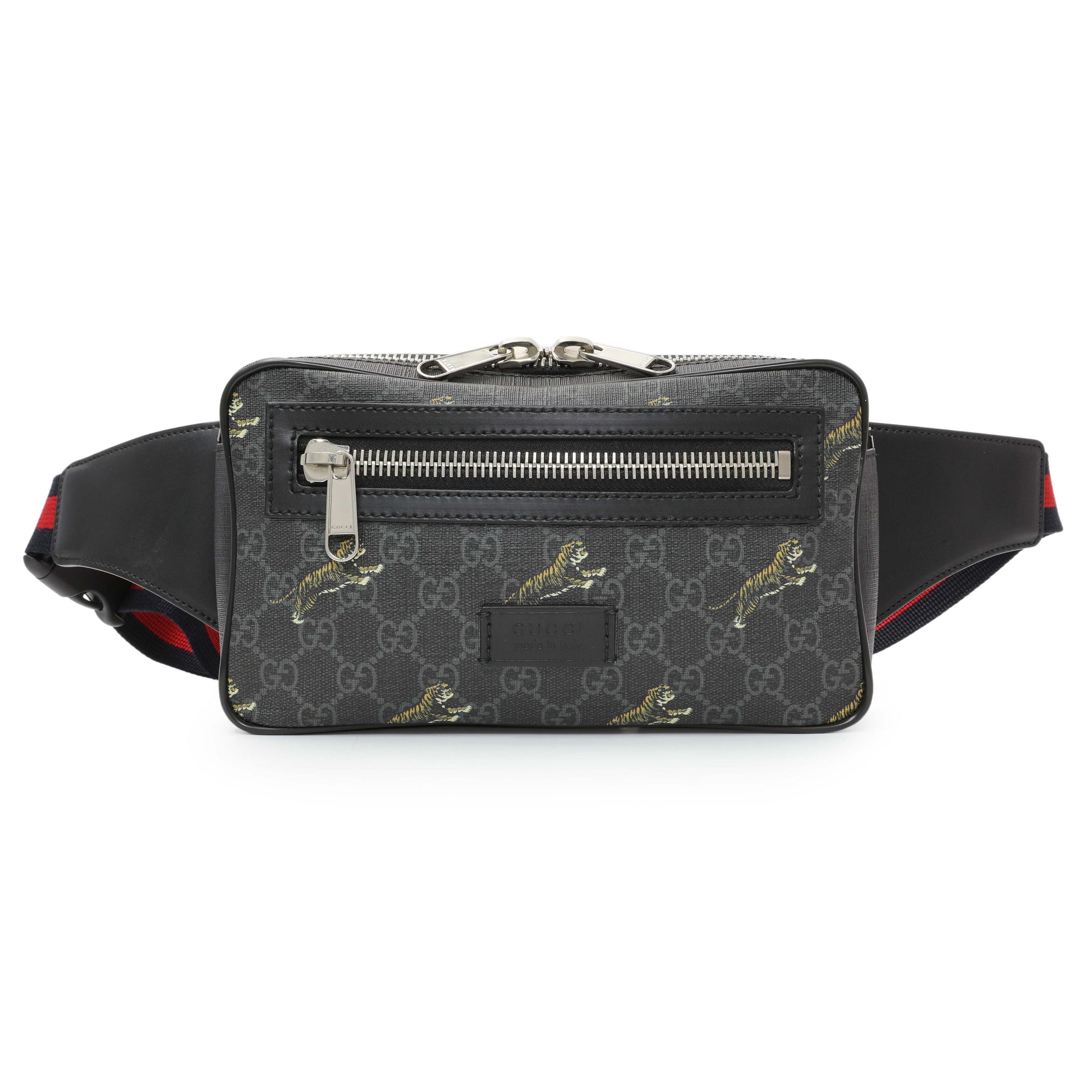 Exclusive Gucci Black GG Supreme Tigers Belt Bag — Front View