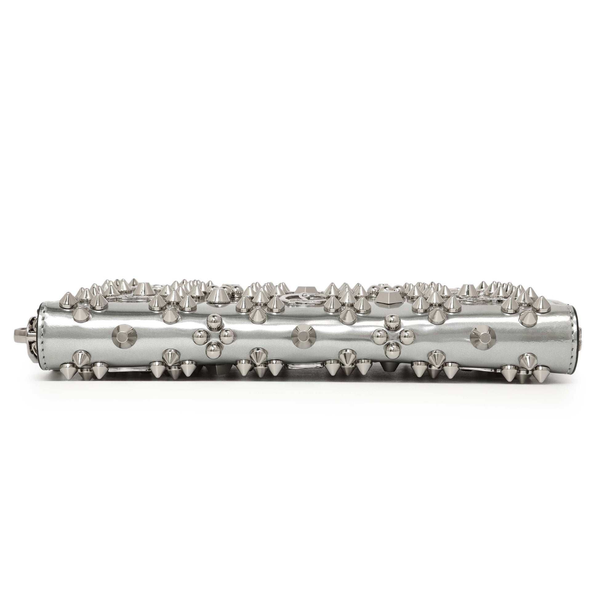Exclusive Christian Louboutin Silver Patent Leather Panettone Spiked Zip Around Wallet — Back View
