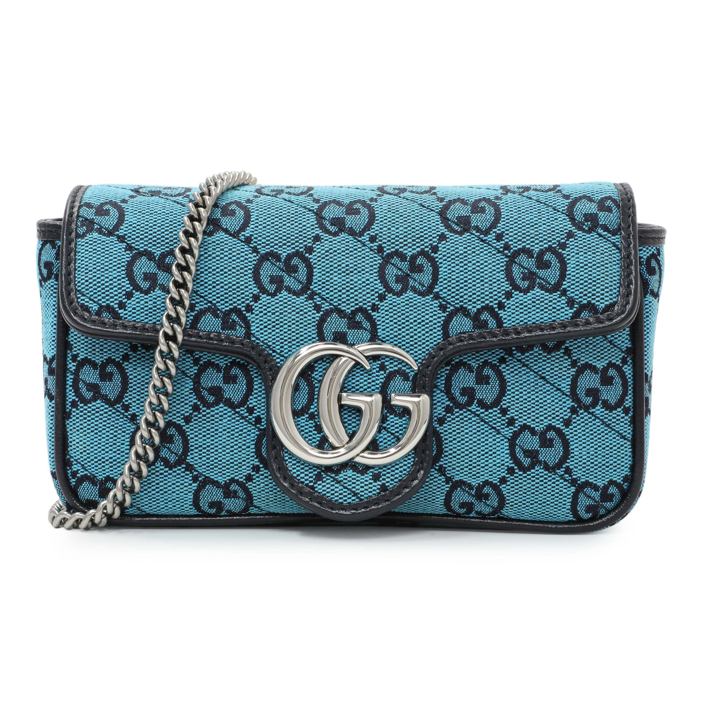 Exclusive Gucci Blue Monogram Matelasse Diagonal Super Mini GG Marmont Shoulder Bag — Front View