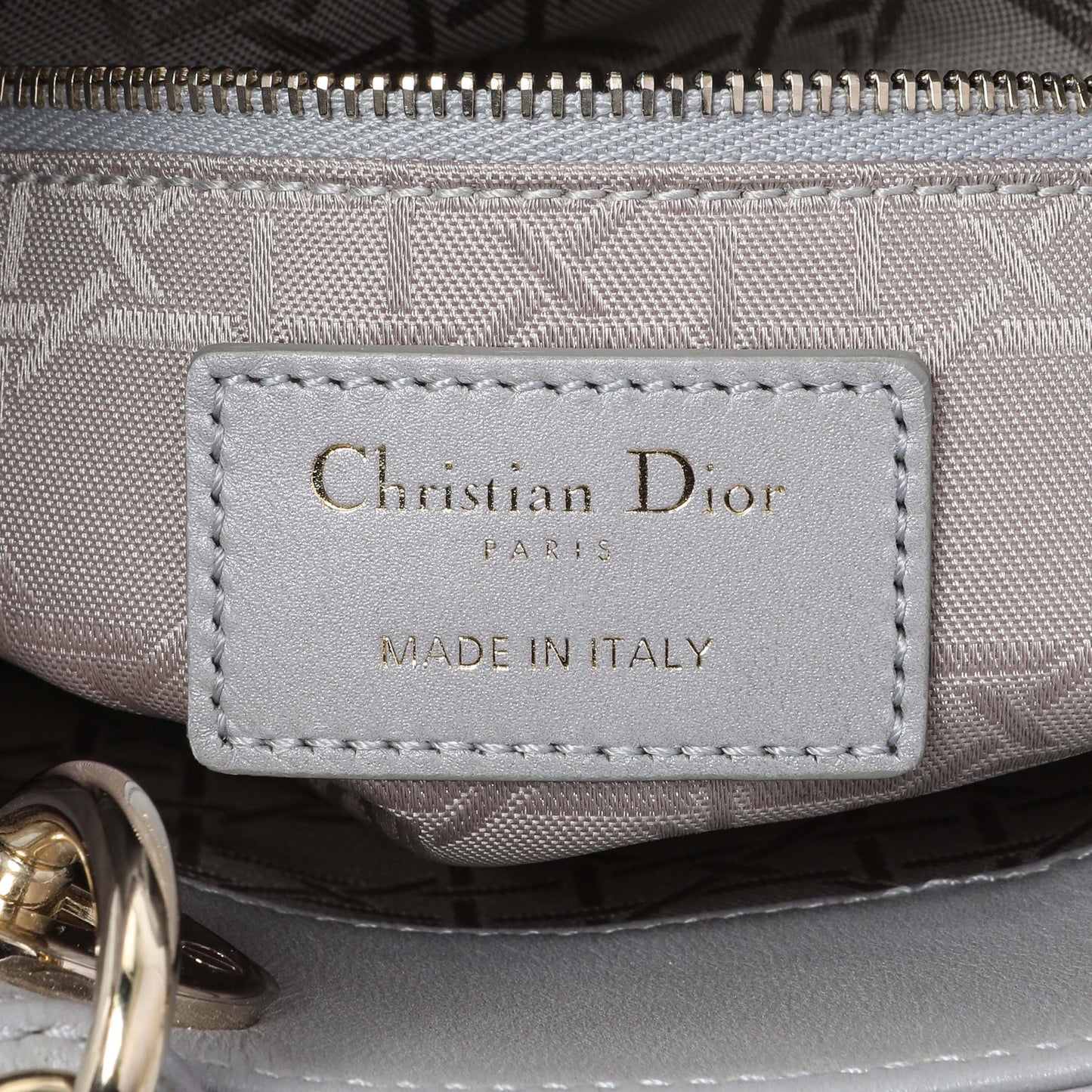 Exclusive Christian Dior Grey Metallic Lambskin Cannage Mini Lady Dior — Detail View