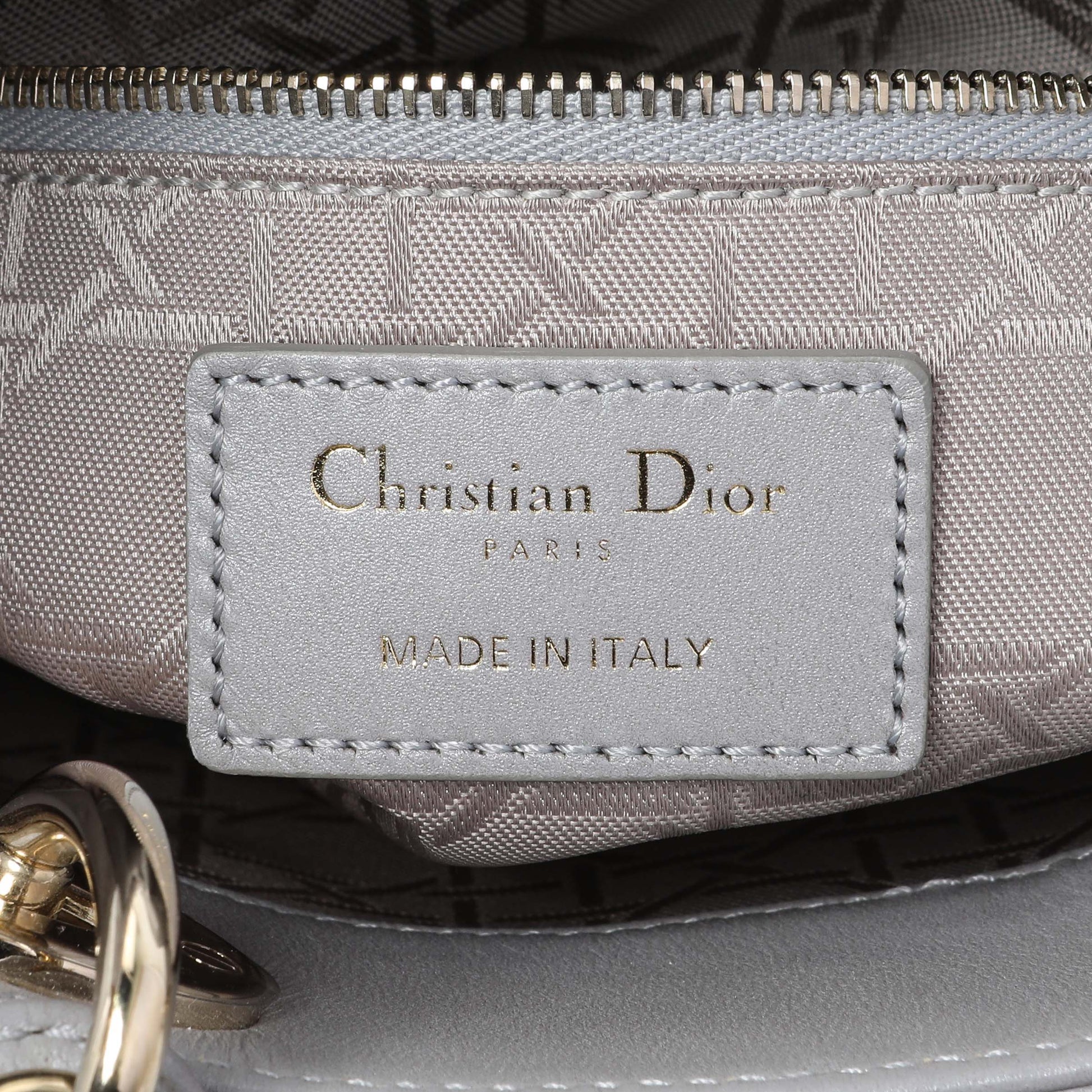 Exclusive Christian Dior Grey Metallic Lambskin Cannage Mini Lady Dior — Detail View