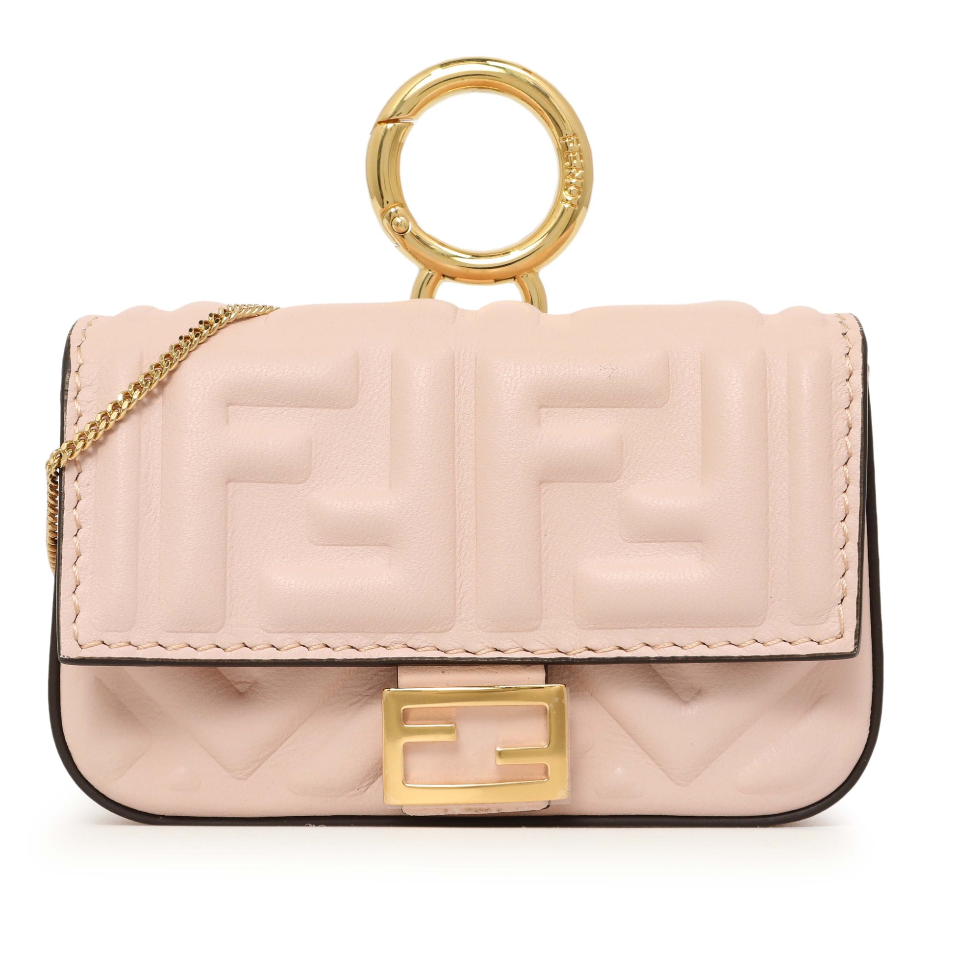 Exclusive Fendi Pink Nappa Matisse FF Embossed Nano Baguette Charm — Front View