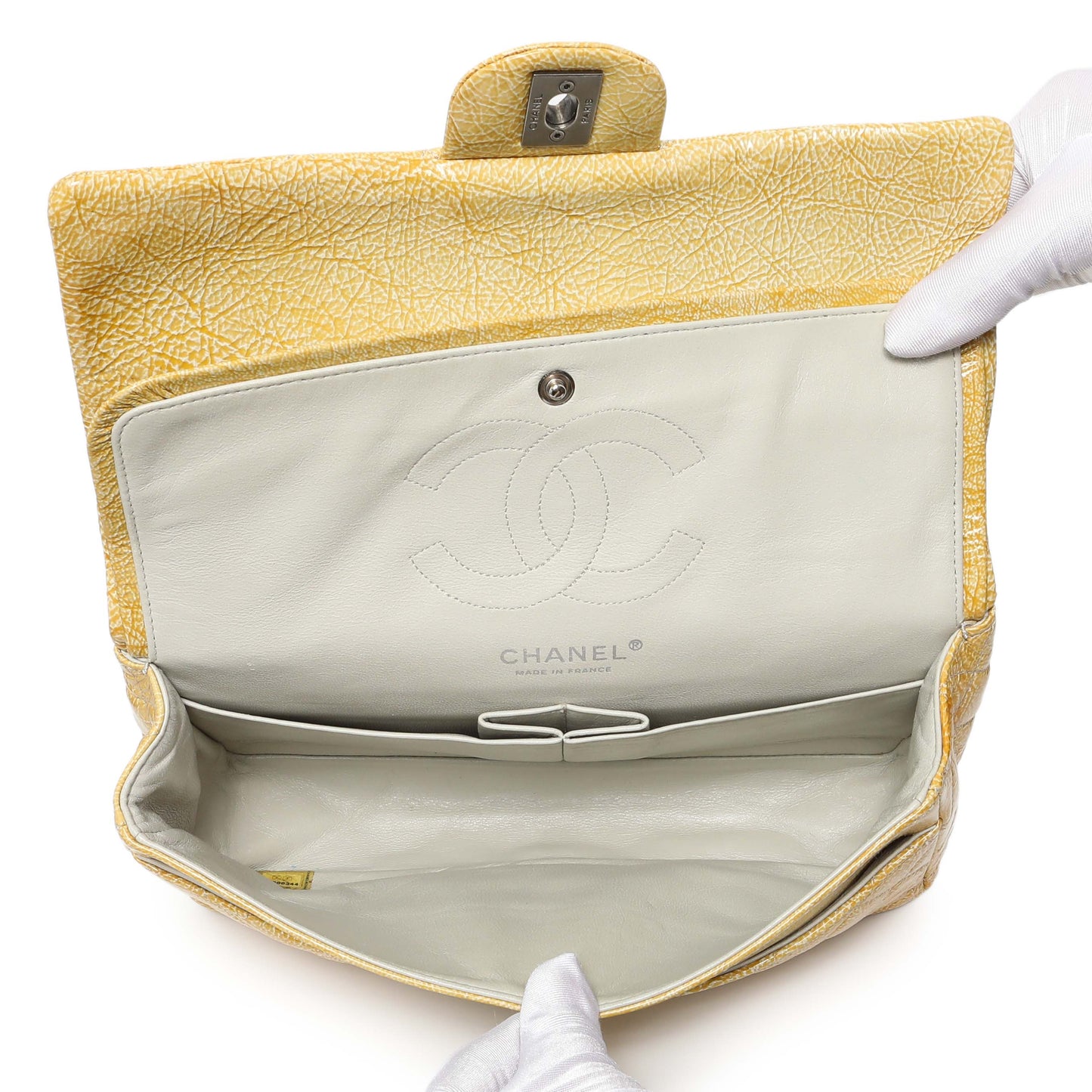 Exclusive Chanel Beige Crinkled Patent Medium Double Flap — Top View
