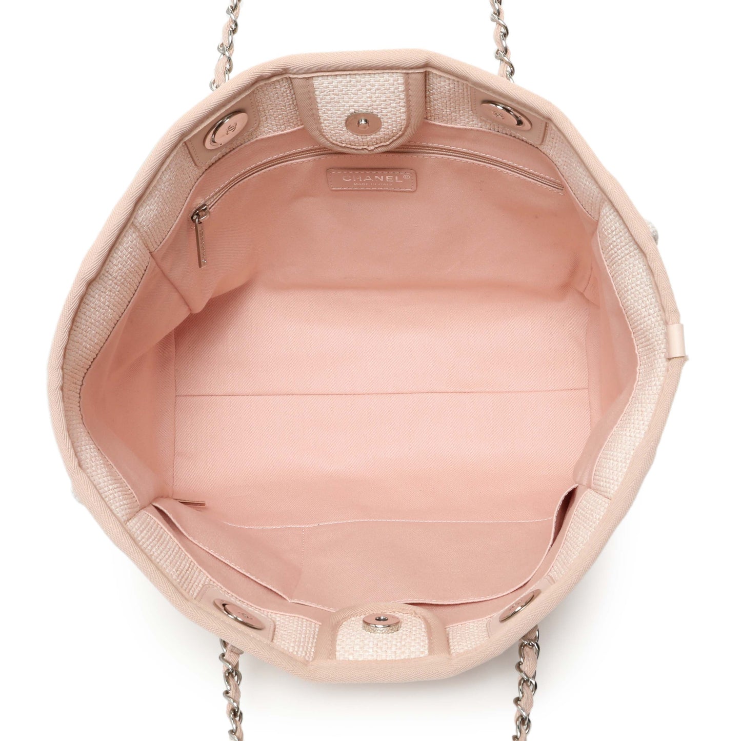Exclusive Chanel Light Pink Woven Straw Raffia Small Deauville Tote — Top View