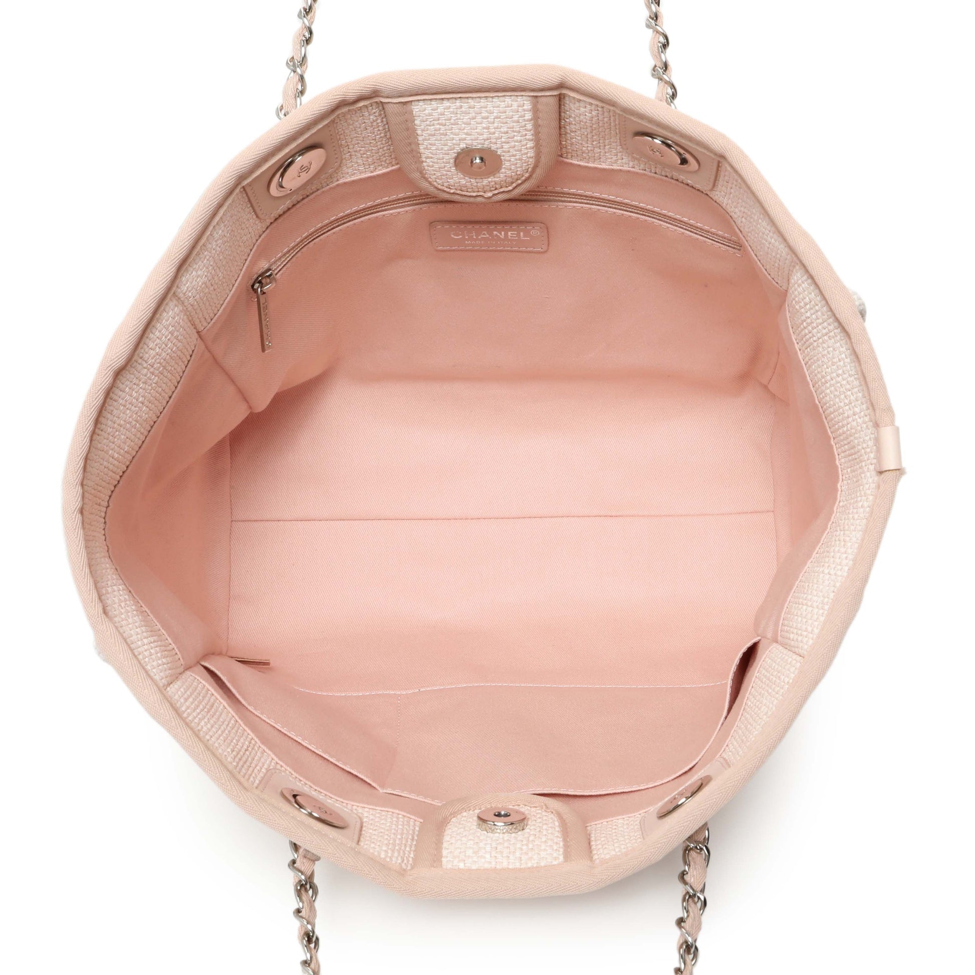 Exclusive Chanel Light Pink Woven Straw Raffia Small Deauville Tote — Top View