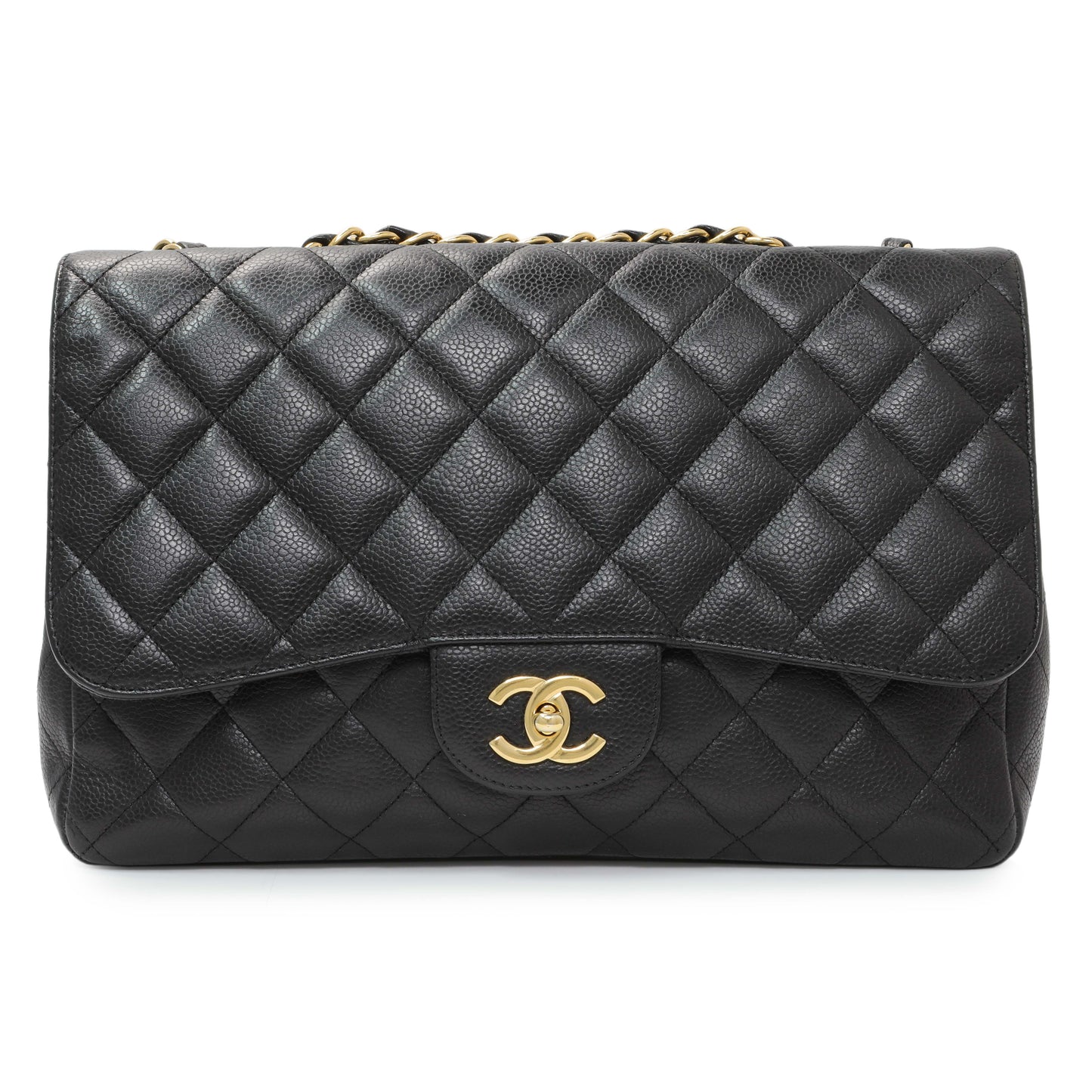 Exclusive Chanel Black Quilted Caviar Jumbo Single Flap — Front View