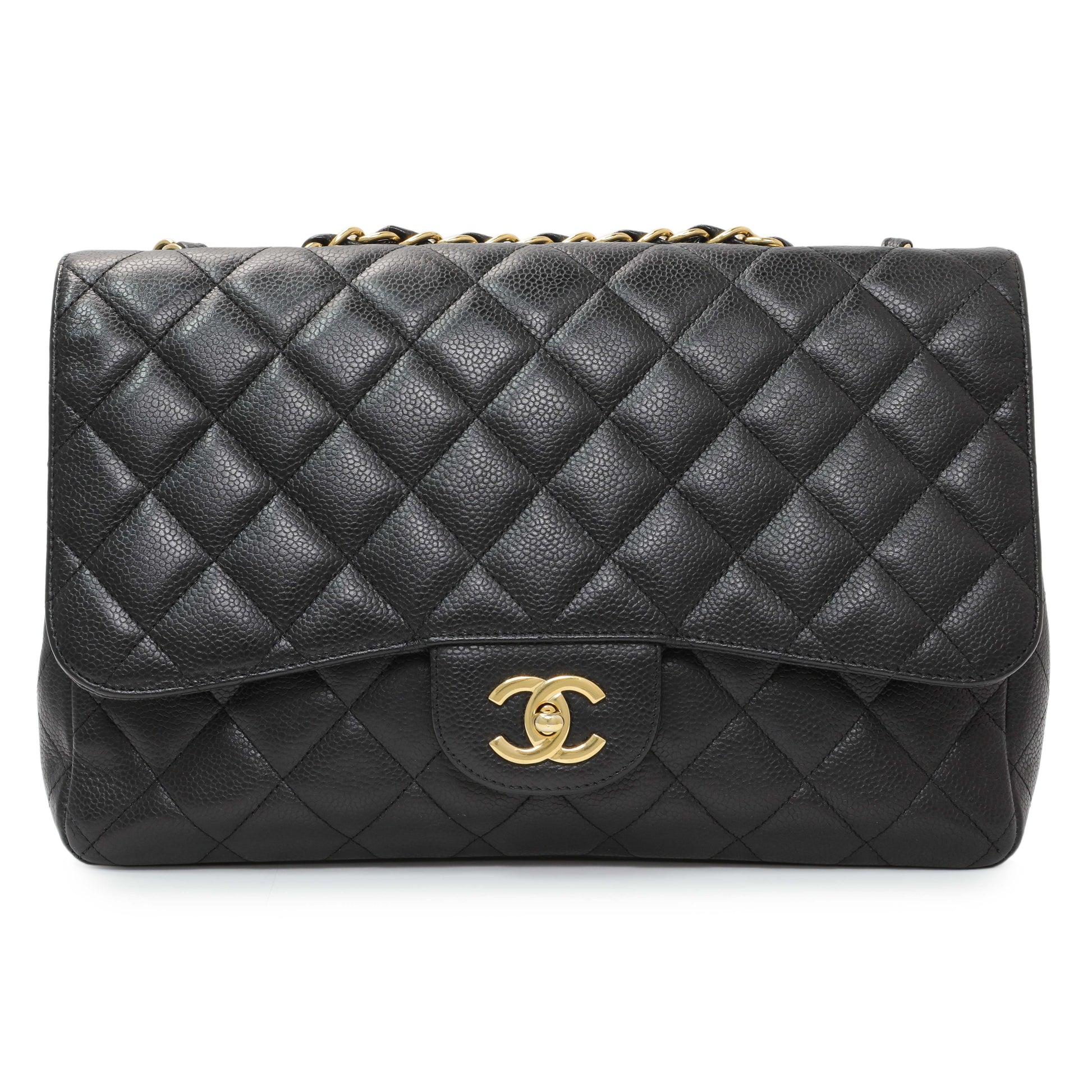 Exclusive Chanel Black Quilted Caviar Jumbo Single Flap — Front View