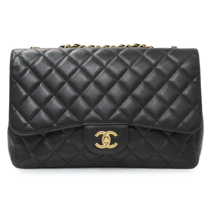 Exclusive Chanel Black Quilted Caviar Jumbo Single Flap — Front View