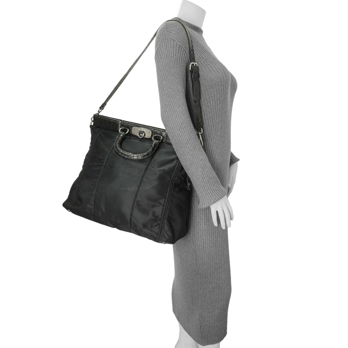 Exclusive Prada Black Nylon Frame Tote — Alternate View 8