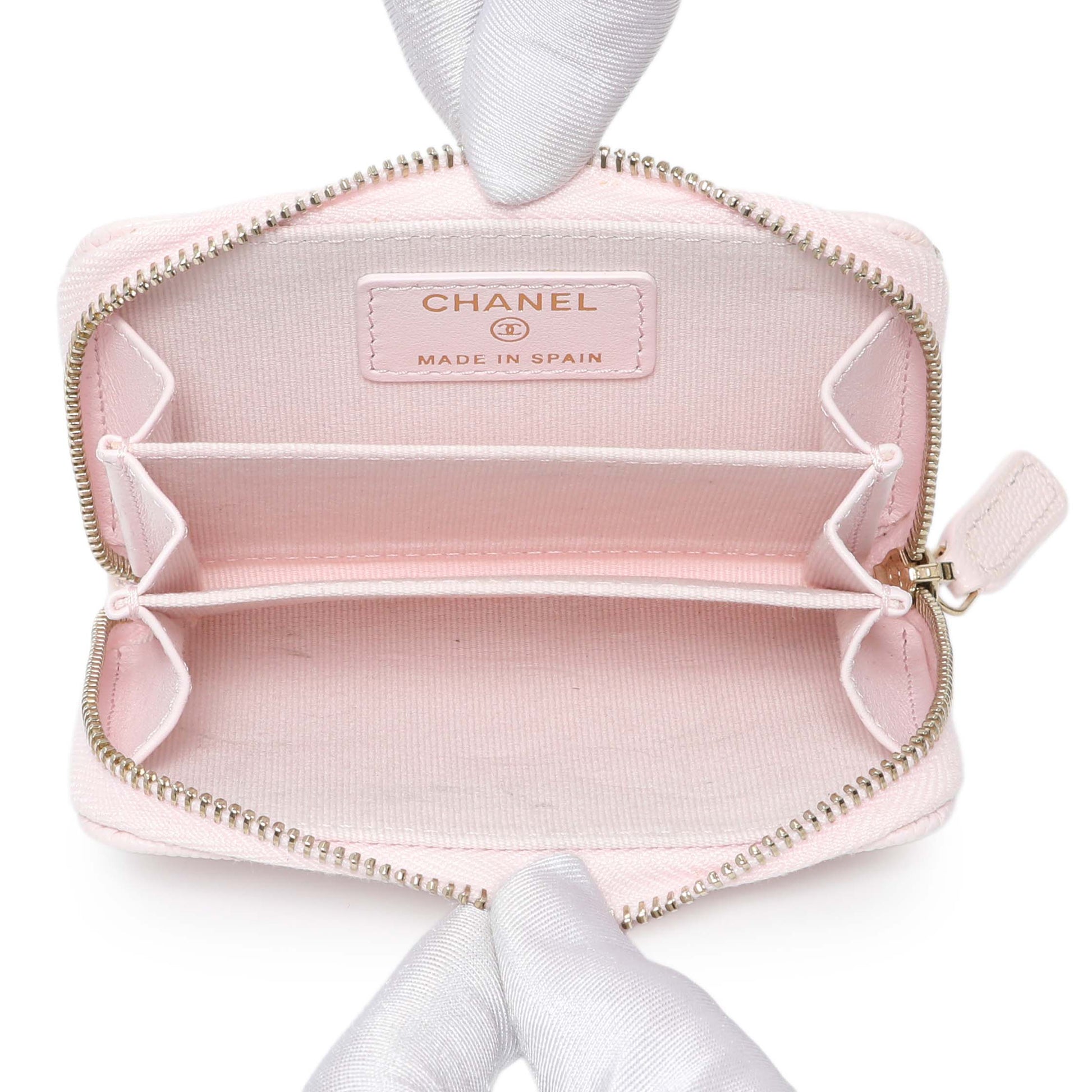 Exclusive Chanel Light Pink Quilted Caviar Zip Coin Wallet — Top View