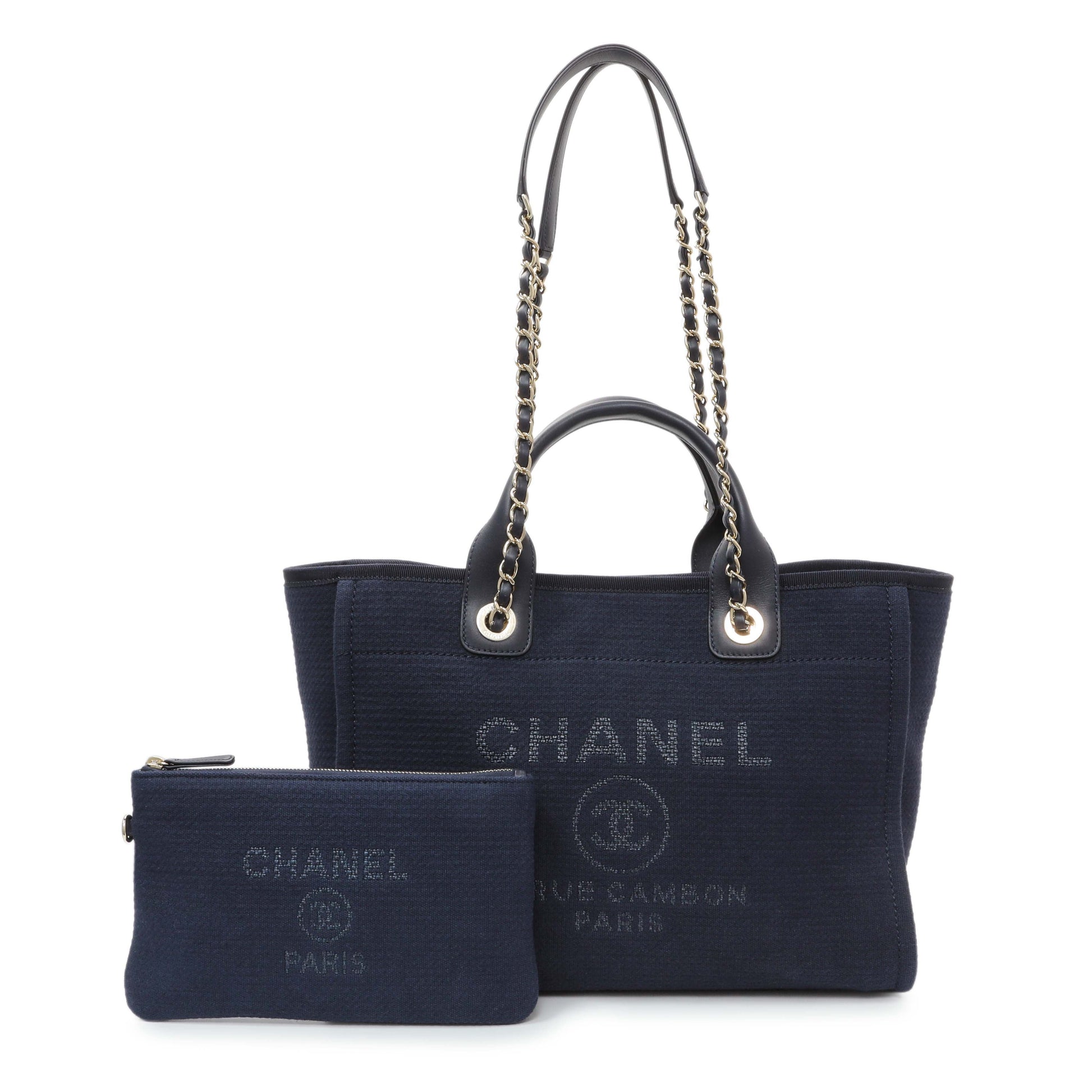 Exclusive Chanel Navy Mixed Fibers Small Deauville Tote — Front View