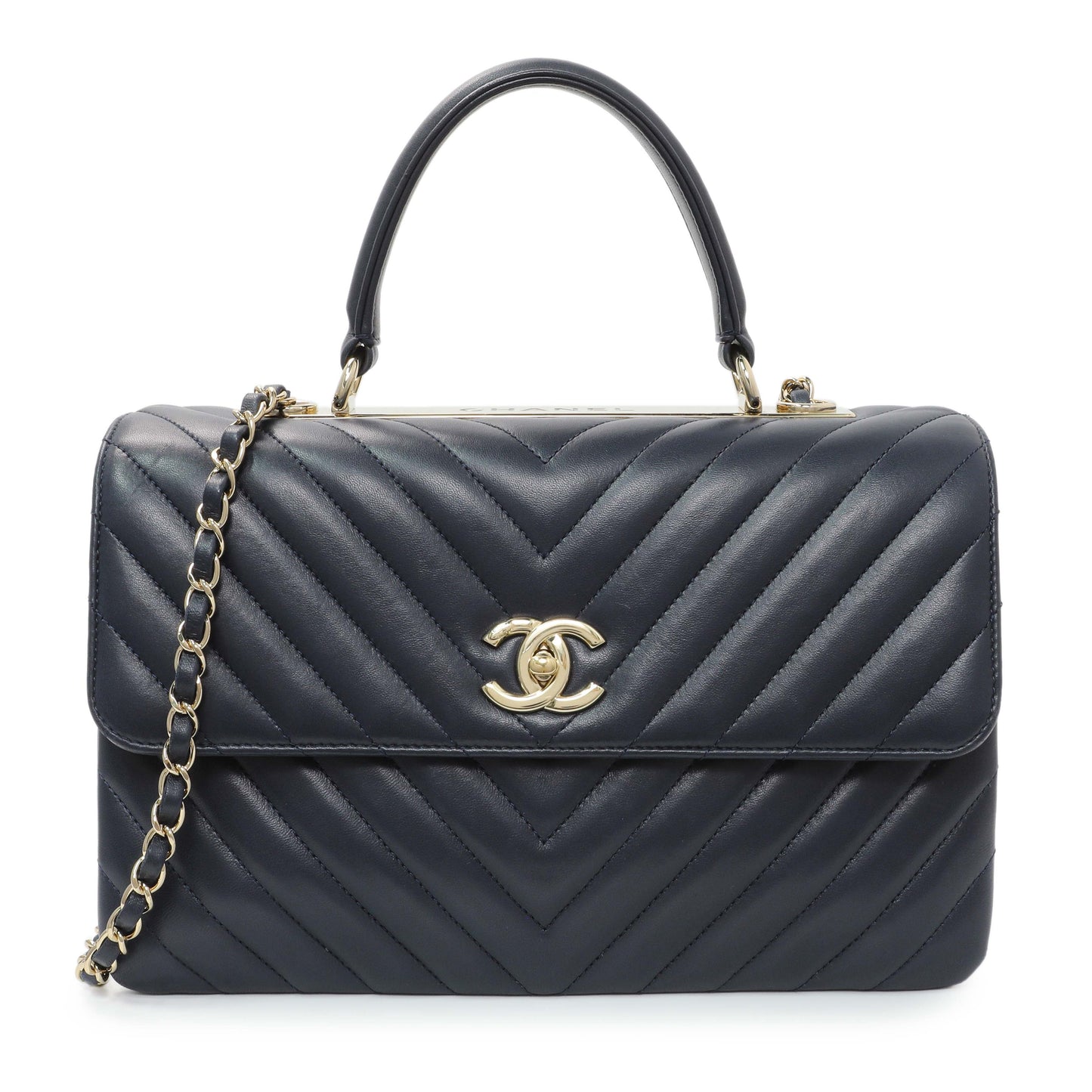 Exclusive Chanel Blue Chevron Quilted Lambskin Medium Trendy CC Dual Handle Flap Bag — Front View
