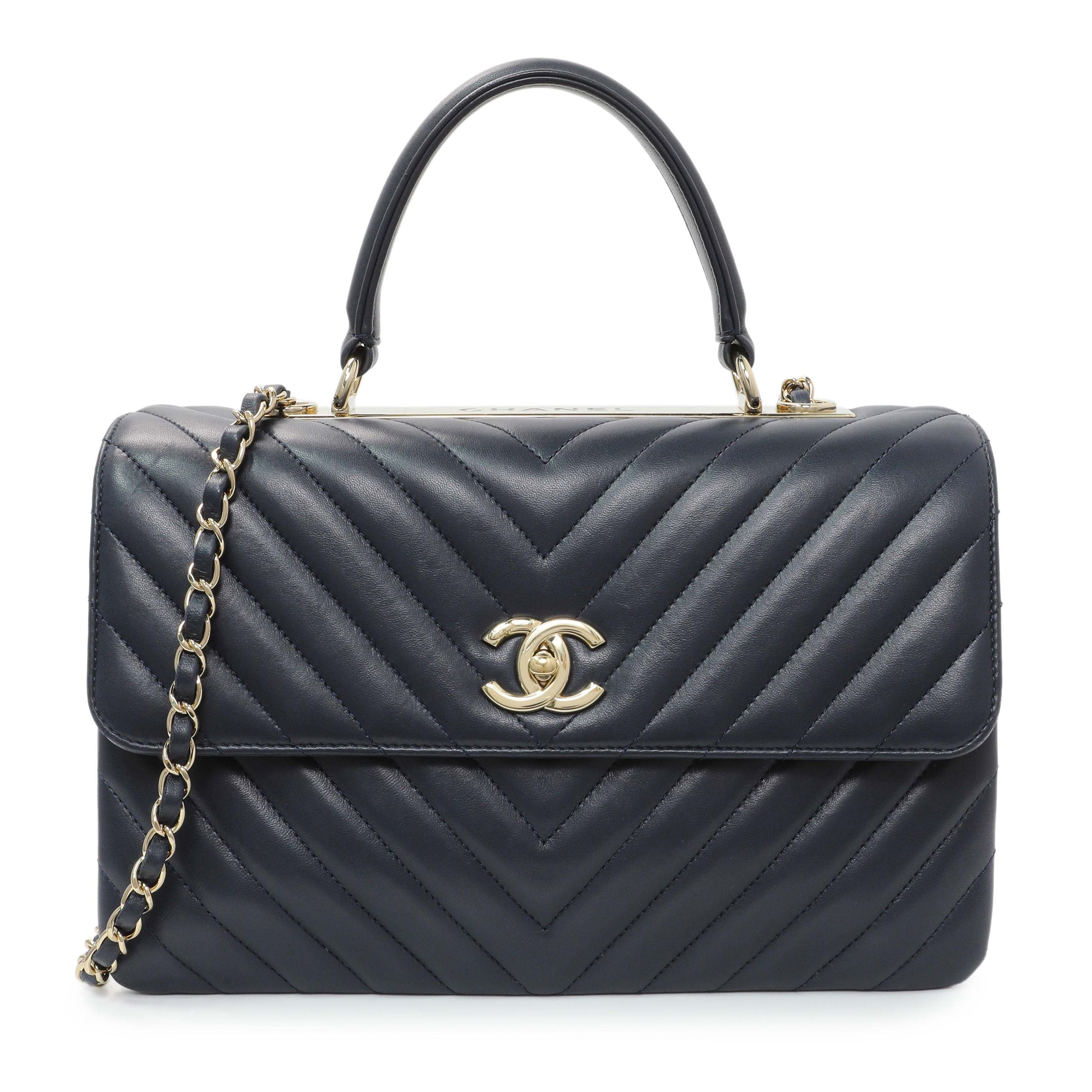 Exclusive Chanel Blue Chevron Quilted Lambskin Medium Trendy CC Dual Handle Flap Bag — Front View
