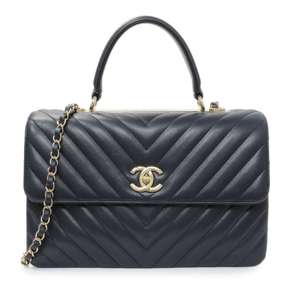 Exclusive Chanel Blue Chevron Quilted Lambskin Medium Trendy CC Dual Handle Flap Bag — Front View