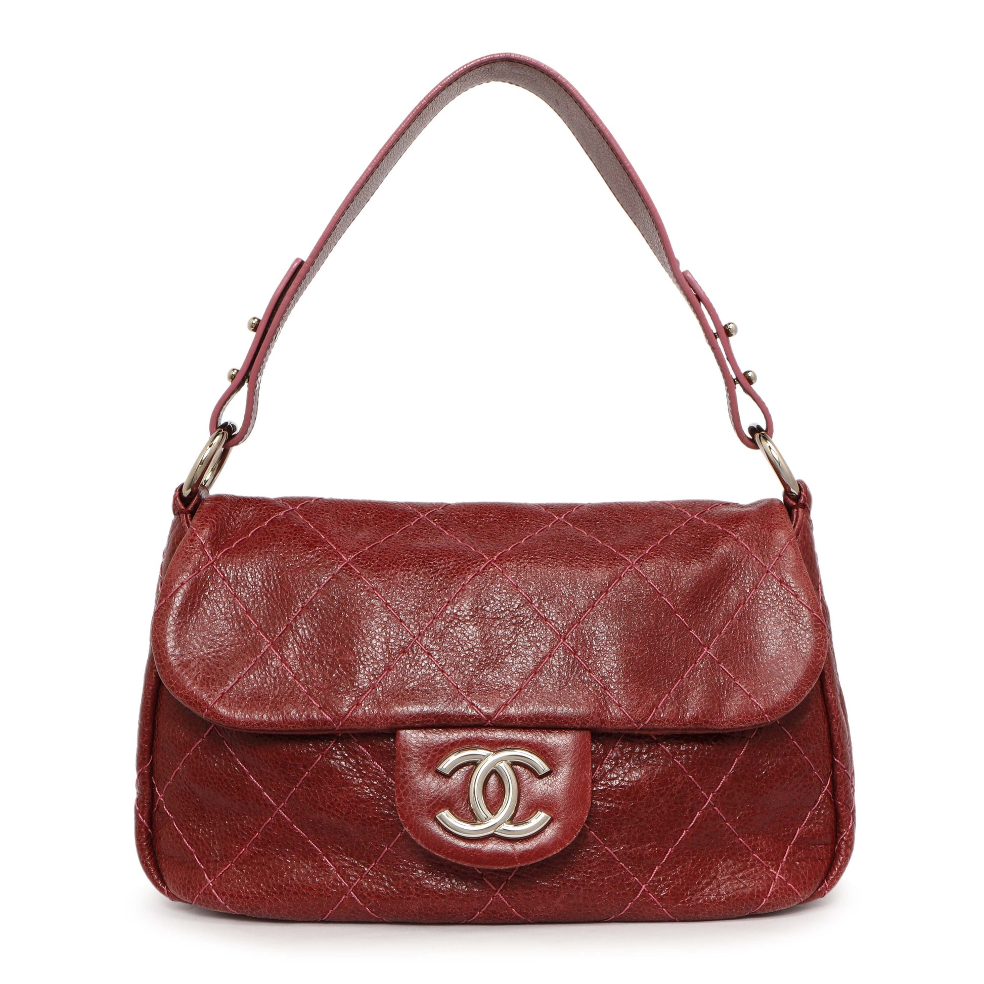 Exclusive Chanel Burgundy Glazed Calfskin On The Road Flap — Front View