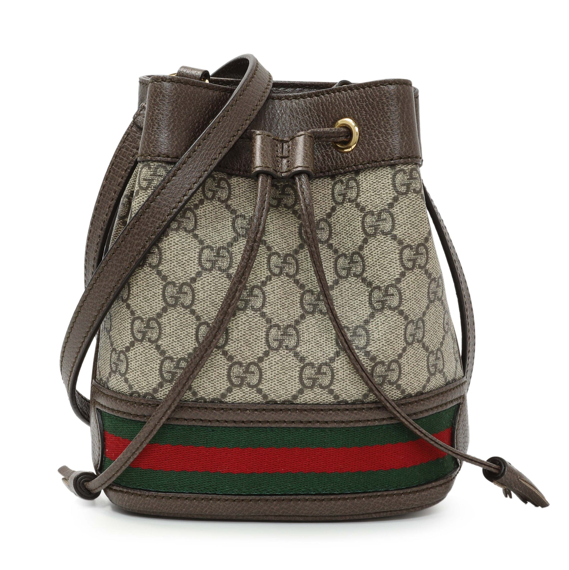 Exclusive Gucci GG Supreme Monogram Web Mini Ophidia Bucket Bag — Front View