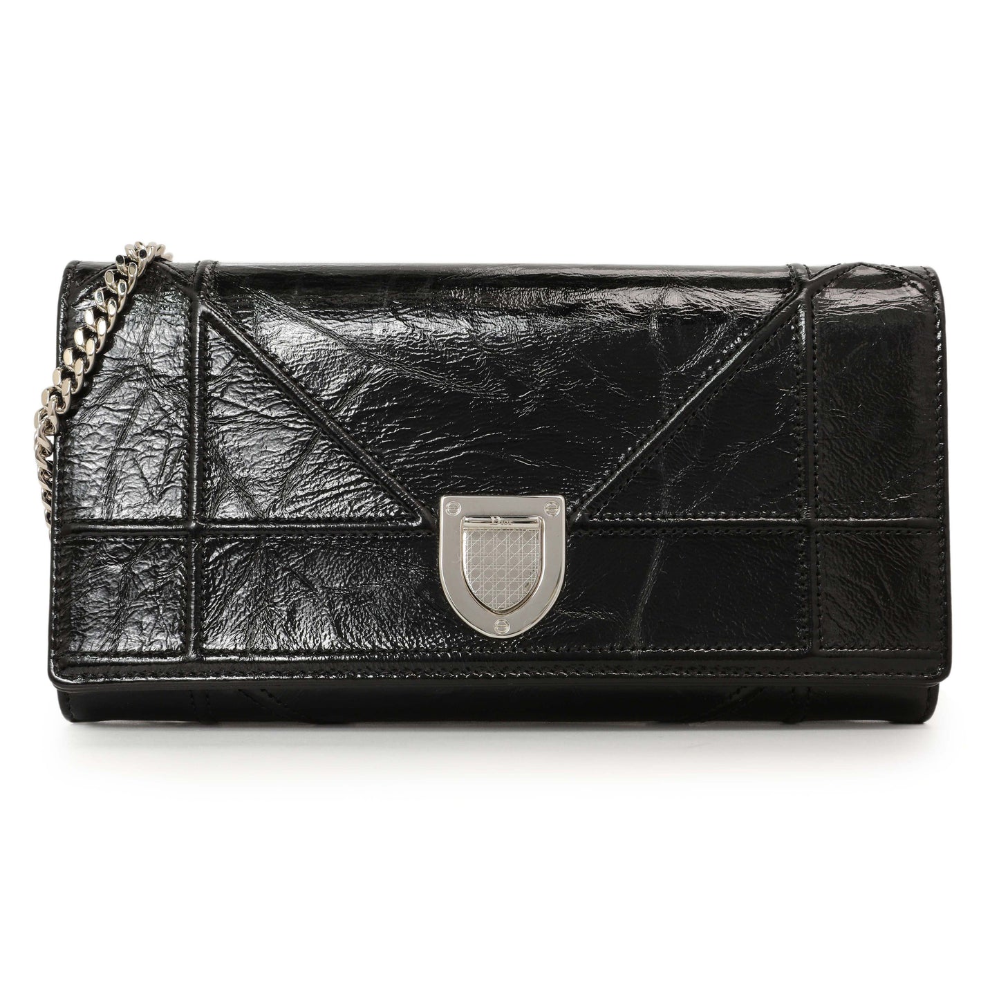 Exclusive Christian Dior Black Patent Diorama Croisiere Chain Wallet — Front View