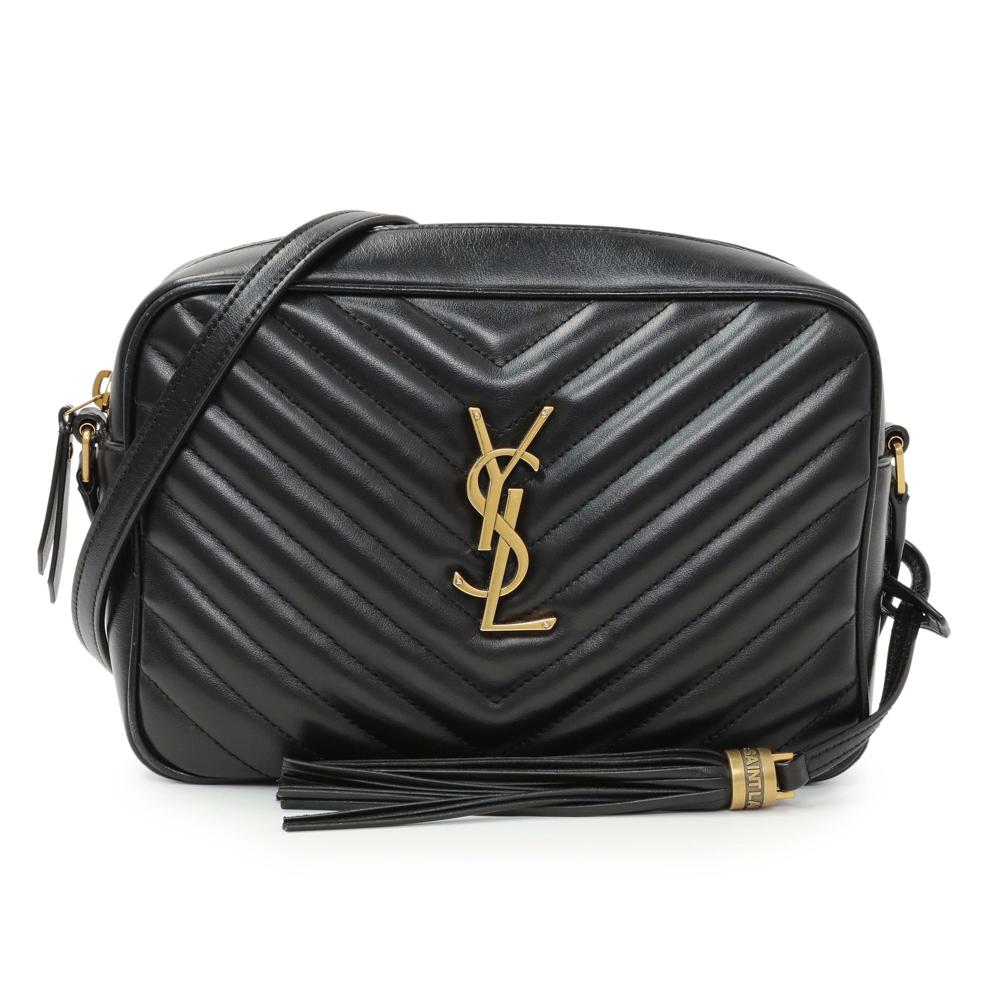 Exclusive Saint Laurent Black Calfskin Matelasse Monogram Lou Camera Bag — Front View