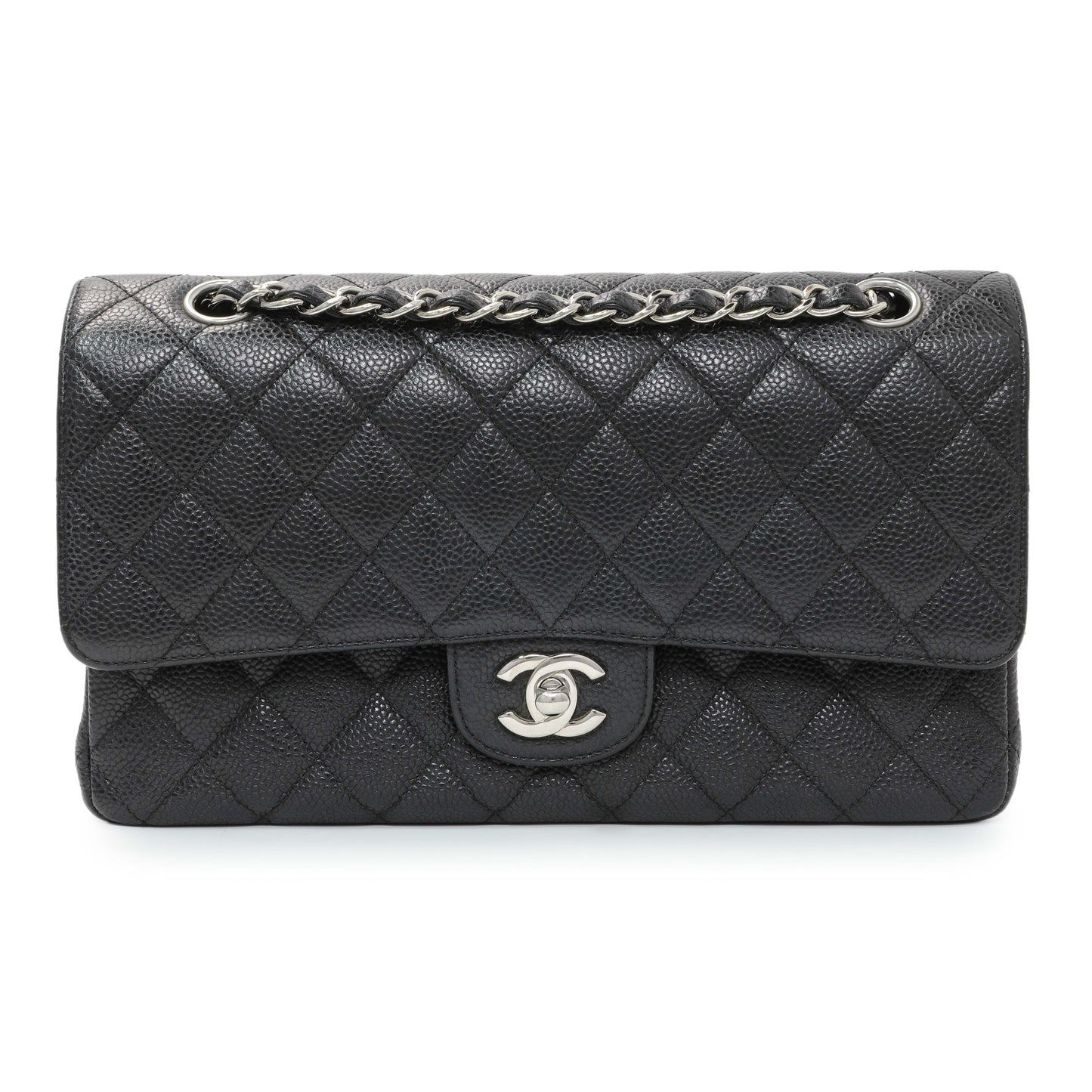 Exclusive Chanel Black Quilted Caviar Medium Classic Double Flap — Front View