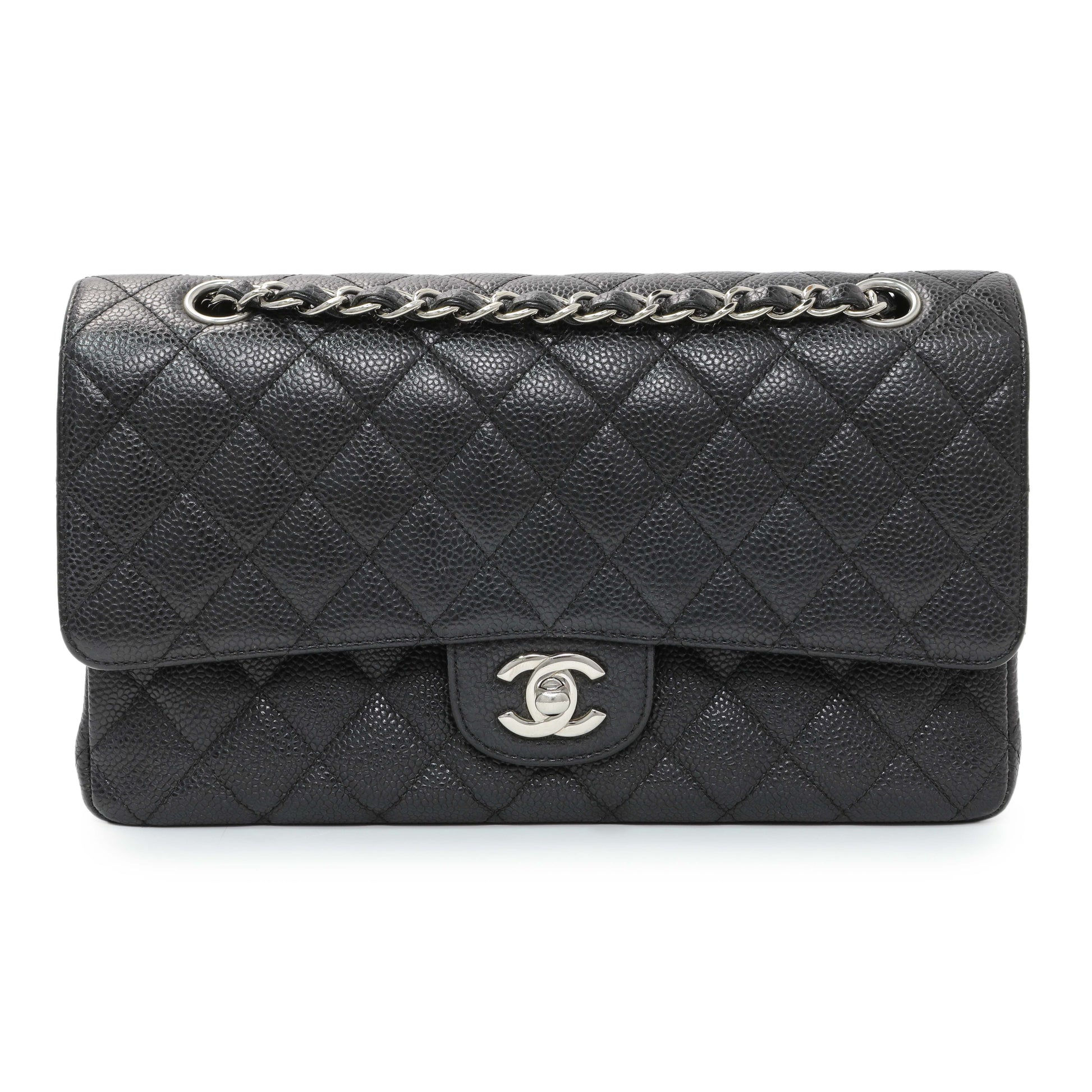 Exclusive Chanel Black Quilted Caviar Medium Classic Double Flap — Front View