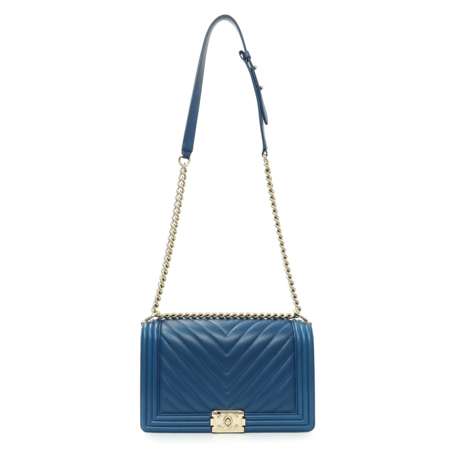Exclusive Chanel Blue Lambskin Chevron Quilted New Medium Boy Flap — Front View