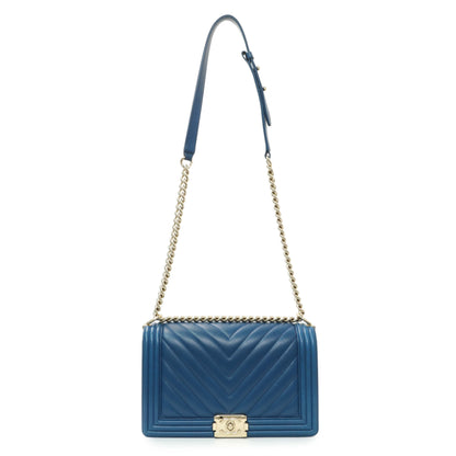 Exclusive Chanel Blue Lambskin Chevron Quilted New Medium Boy Flap — Front View