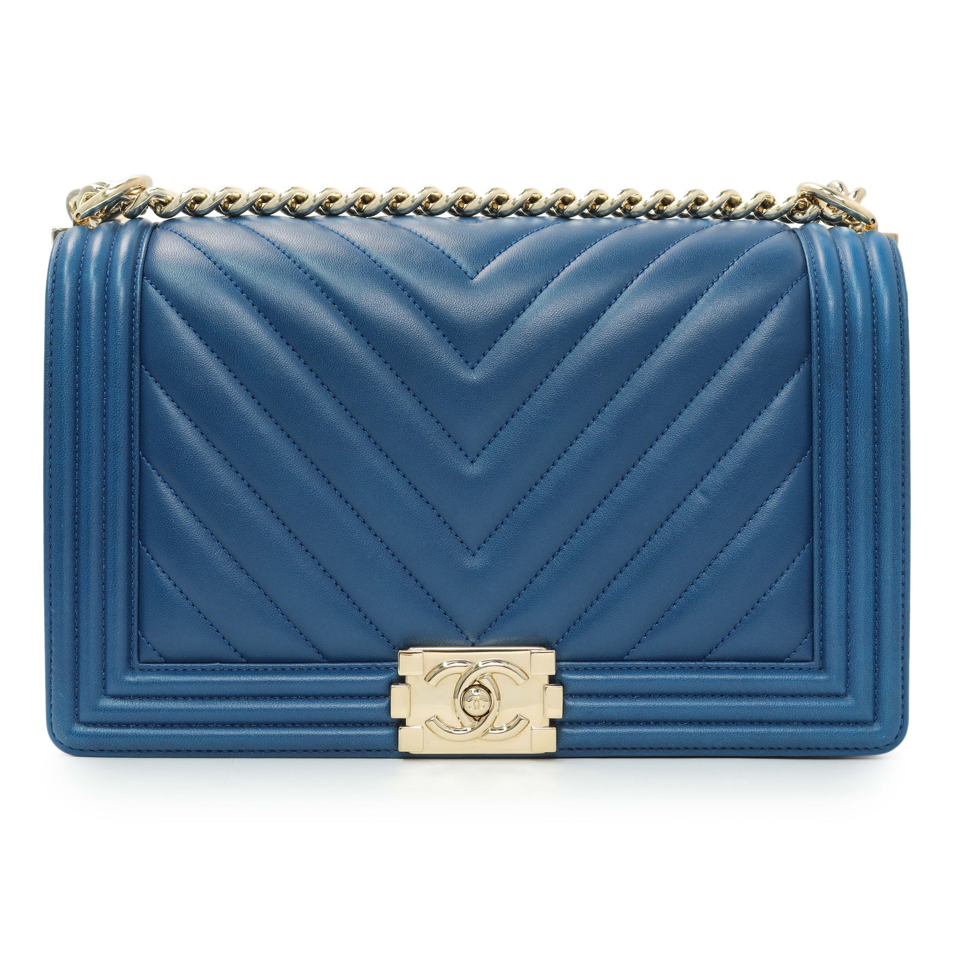 Exclusive Chanel Blue Lambskin Chevron Quilted New Medium Boy Flap — Side View