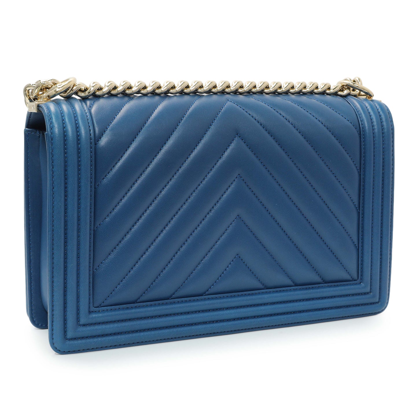 Exclusive Chanel Blue Lambskin Chevron Quilted New Medium Boy Flap — Back View