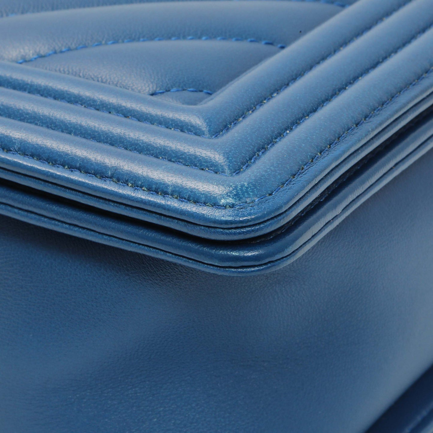 Exclusive Chanel Blue Lambskin Chevron Quilted New Medium Boy Flap — Detail View