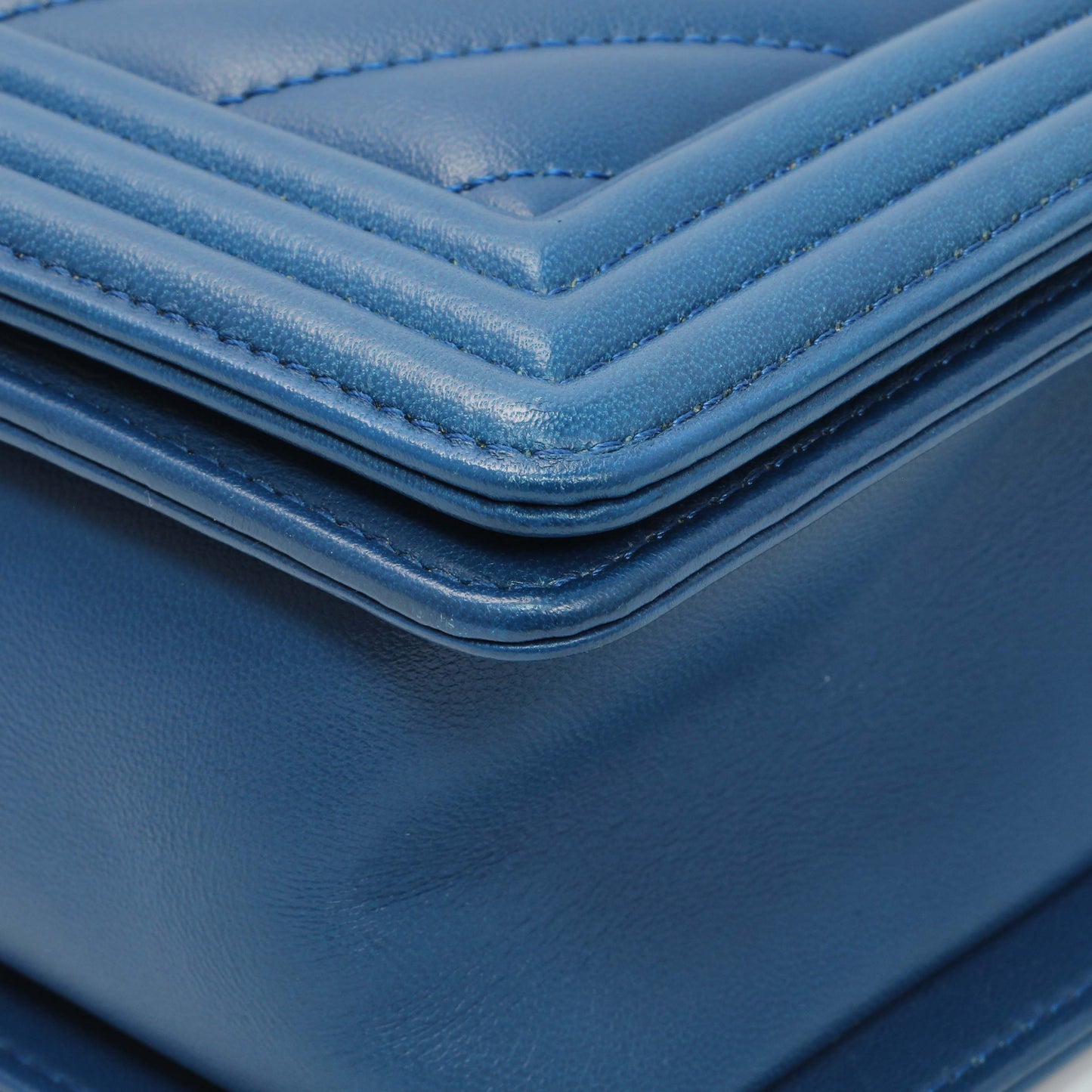 Exclusive Chanel Blue Lambskin Chevron Quilted New Medium Boy Flap — Lifestyle View